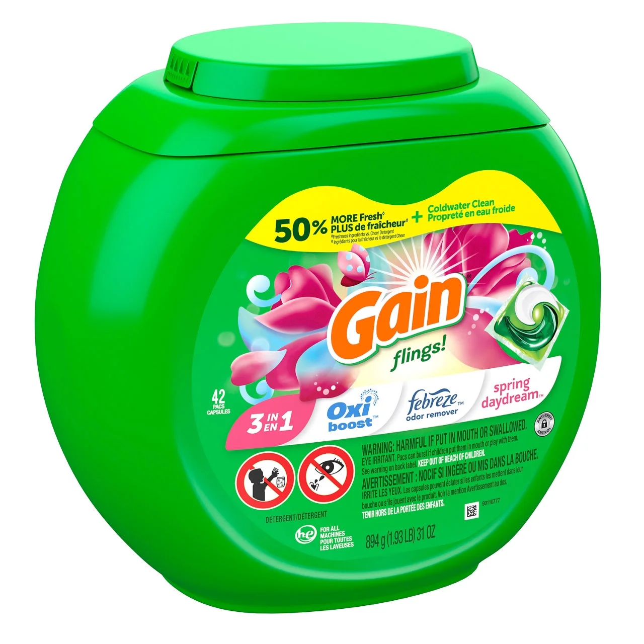 Gain Flings Laundry Detergent Soap Pacs, Spring Daydream Scent, HE Compatible, 42-Count