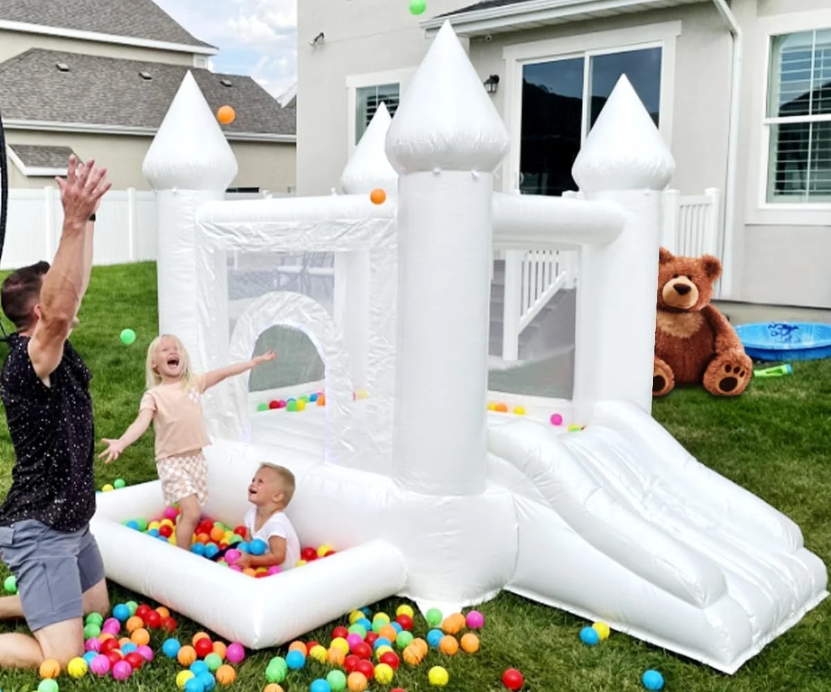 White Bounce House for Toddler&Kids with Air Blower Vinyl Material Inflatable Jumping Castle with Slide & Ball Pit , Durable and Easy to Set up, Family Backyard Bouncy Castle (9x9x7ft)