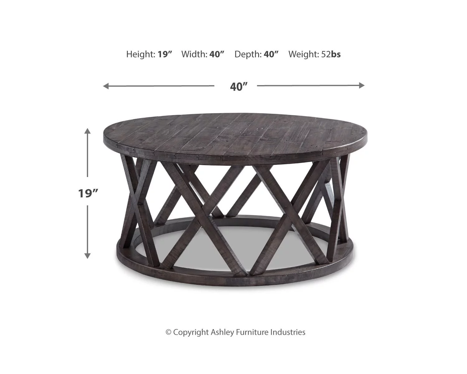 Signature Design by Ashley Sharzane Rustic Round Solid Wood Pine Coffee Table, Weathered Gray Finish