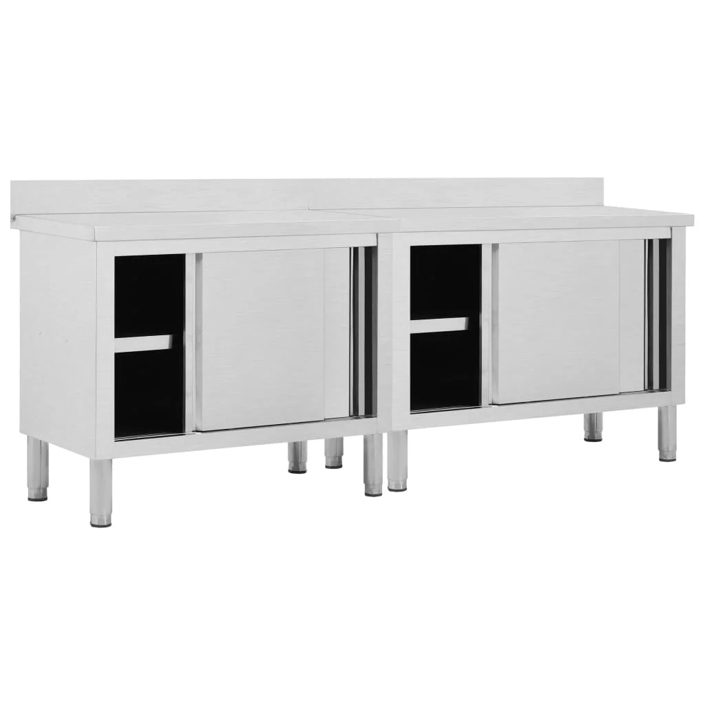 Product Title: 2-Piece Stainless Steel Work Tables with Sliding Doors (94.5 x 19.7) - Adjustable Height (37.4-38.2) - Commercial Kitchen Equipment