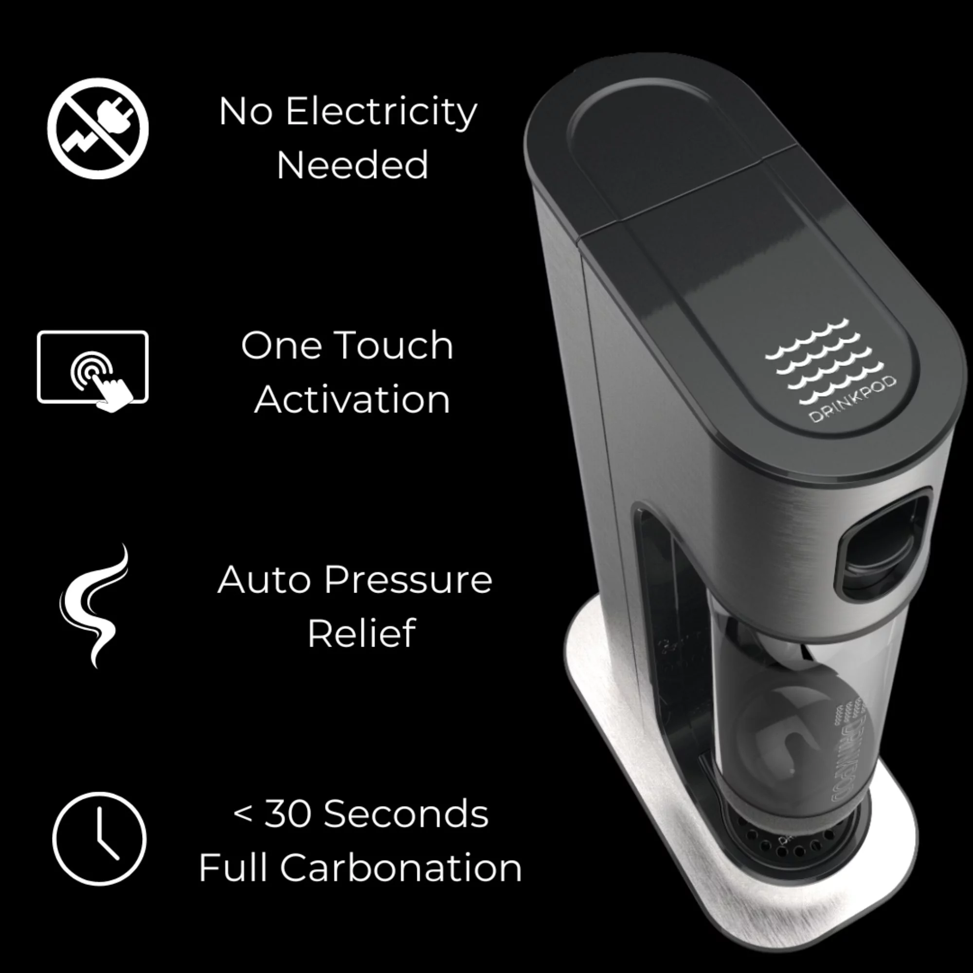 Drinkpod Stainless Steel Premium Sparkling Water Machine | Includes 2 C02 Cylinder & 3 x Bottles | Ultra Fizz Carbonated Machine In Stainless Steel