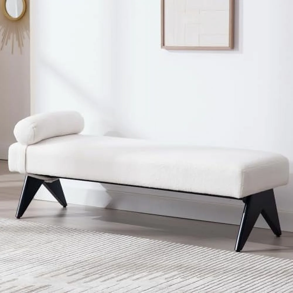 JYHOME 55 Inch White End of Bed Bench  Modern Fuzzy Sherpa Upholstered Bedroom Bench Seat with Black Wooden Legs  Entryway Ottoman Long Bench for Bedroom Living Room  White