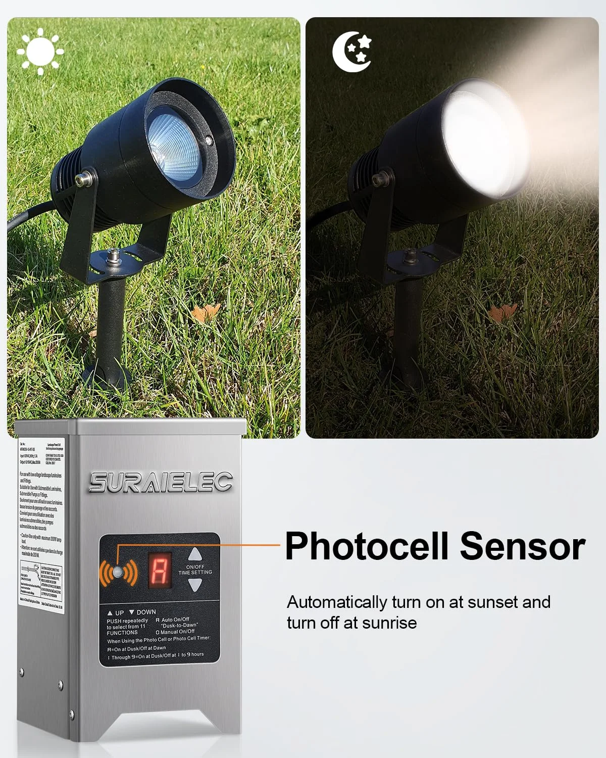 HYUN Low Voltage Landscape Transformer, 200W Outdoor Light Transformer with Timer and Photocell Sensor, 120V to 12V 15V AC Multi Tap, Waterproof Power Supply, Stainless Steel Housing