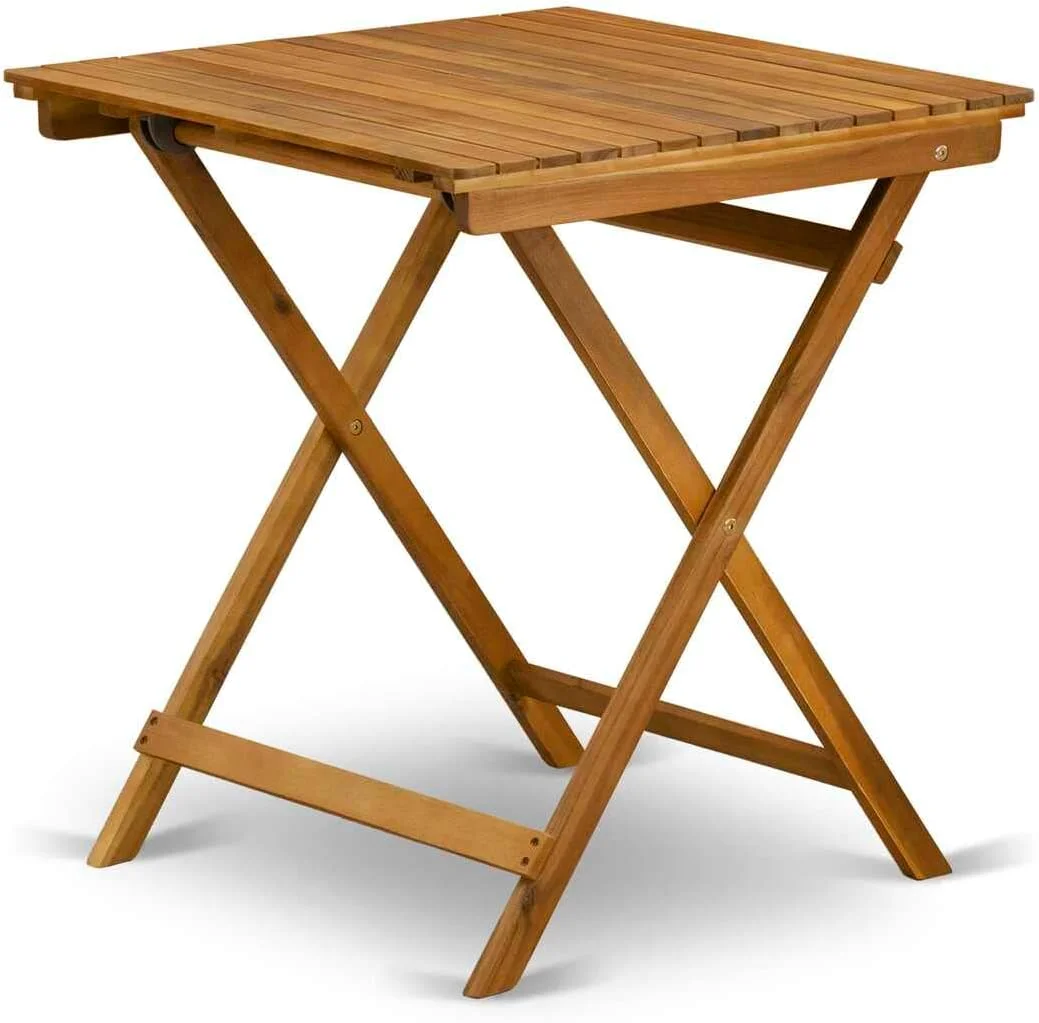 Selma 3 Piece Patio Bistro Set Contains A Square Outdoor Acacia Wood Coffee Table And 2 Folding Arm Chairs, 26X26 Inch, Natural Oil