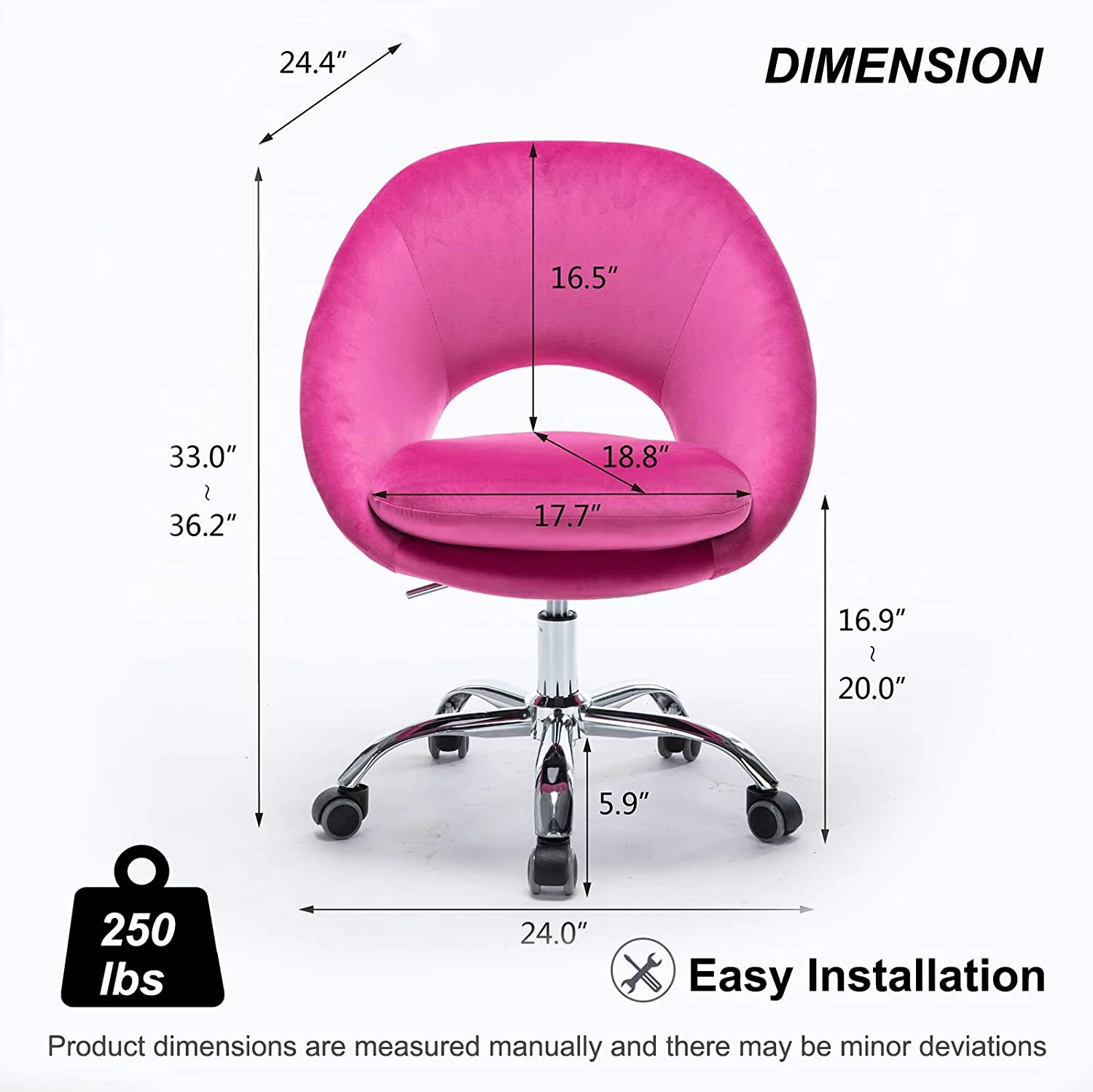 Home Office Chair, Modern Fuchsia Red Velvet Desk Chair,360°Swivel Computer Chair, Upholstered Adjustable Swivel Accent Chair Cute Desk Chair Task Chair for Office, Living Room, Bed Room