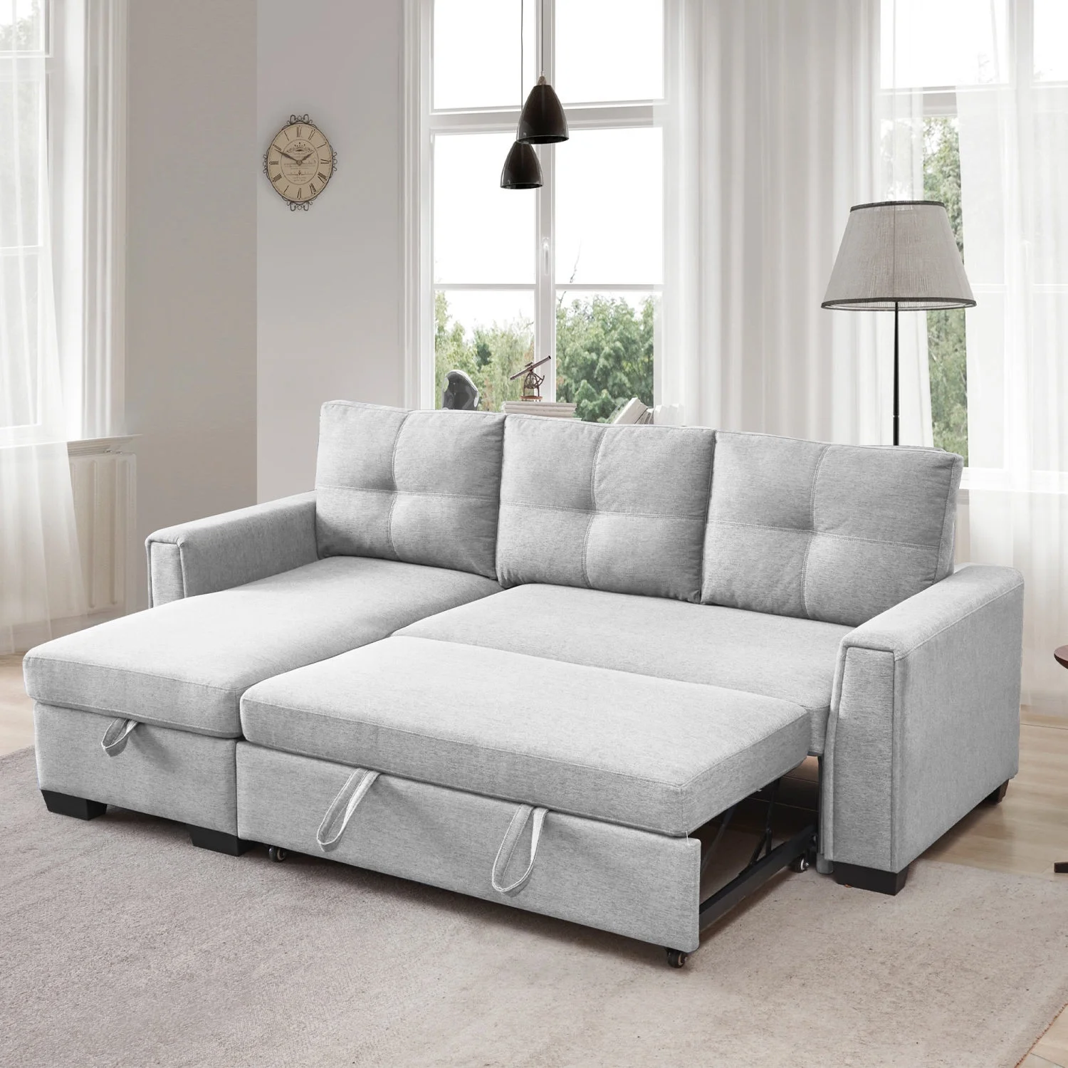 Light Grey L-Shape Modular Fabric 3-Seater Convertible Pull-Out Sleeper Sectional Sofa Couch with Storage Chaise (91.7 inches) - Elegant and Functional