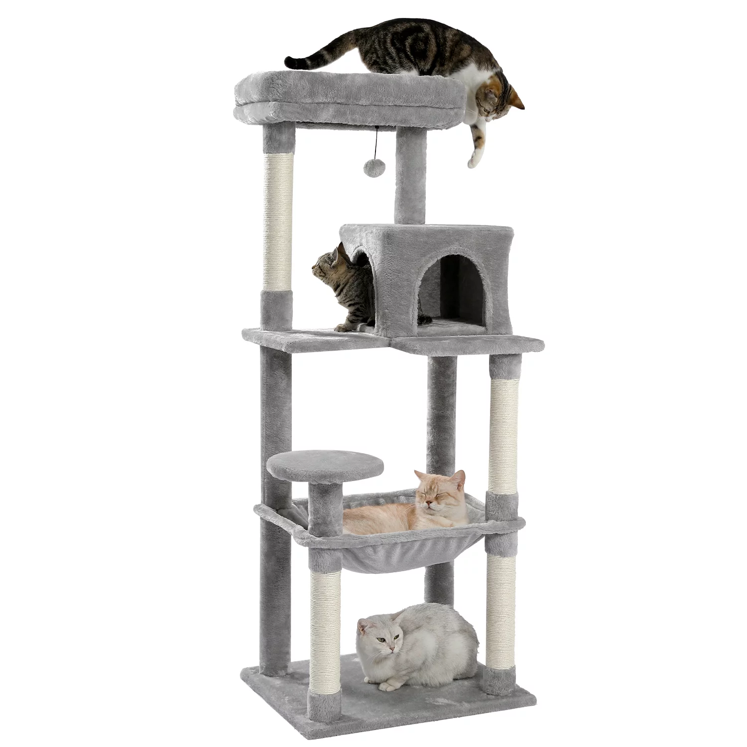 ZephyPaws Cat Tree 56.2” Cat Tower with Sisal Scratching Post ,Cozy Condo, Top Perch, Hammock and Dangling Ball Grey