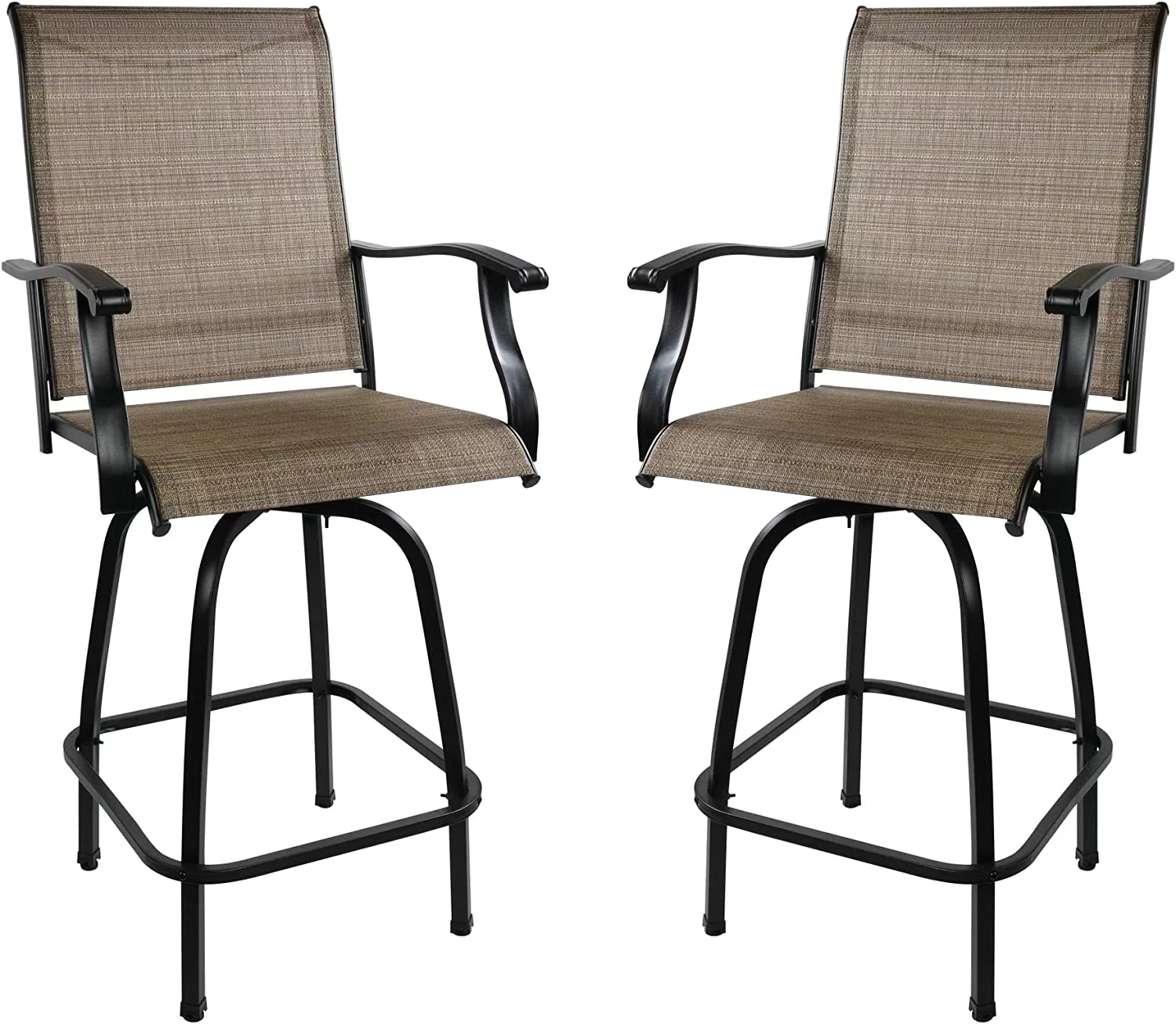 2 Pieces Swivel Outdoor Bar Stools, Height Patio Bar Chair with Armrest, Iron Frame ＆ Breathable Texilence Fabric, All-Weather Patio Furniture for Garden, Pool, Backyard, Brown