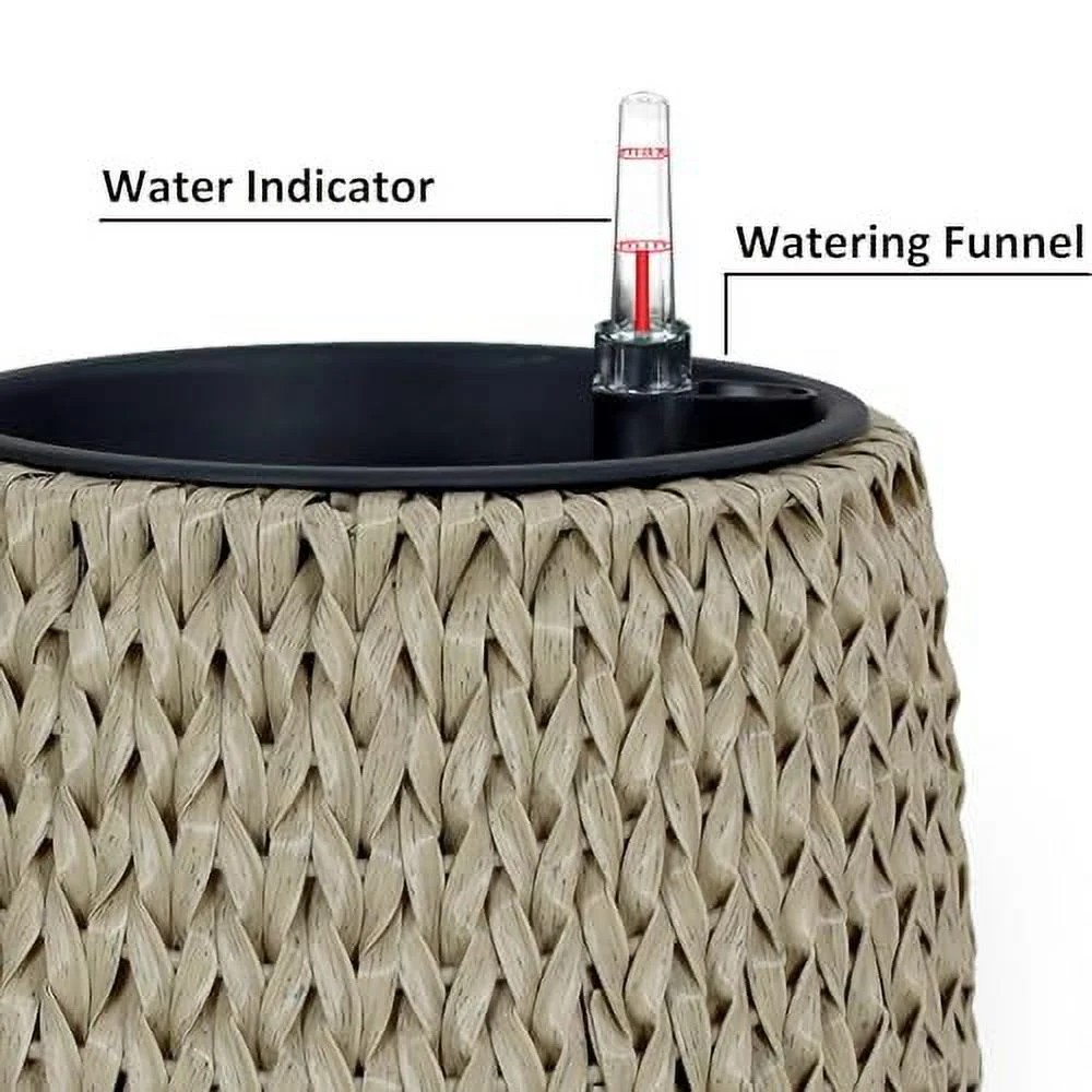 DremFaryoyo 10.6” Self-watering Wicker Planter - Garden Decoration Pot - Beige - Round