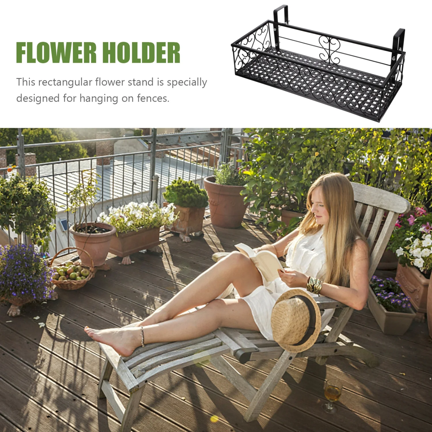 Balcony Railing Flowerpot Hanging Rack Guardrail Flower Stand Planting Shelf Planter Fence Iron Rail Baskets Organizer Outdoor