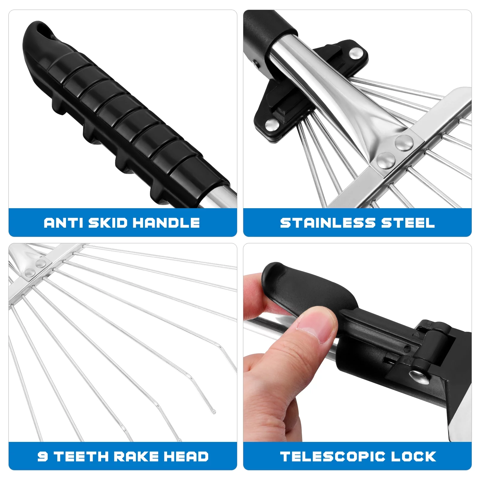 Homemaxs Rake Rakesgardening Leaf Heavy Duty Garden Adjustable Metal Lawn Carpet Yard Small Leaves Lawns Tine