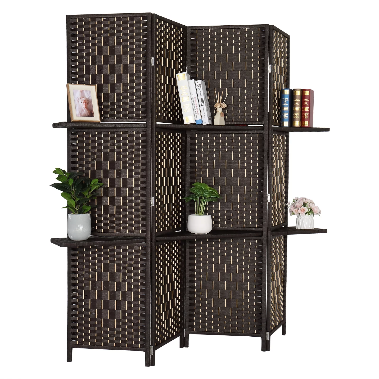 Bonnlo 6ft Tall Rattan Room Divider Folding Privacy Screen with 2 Display Shelves (4 Panels)