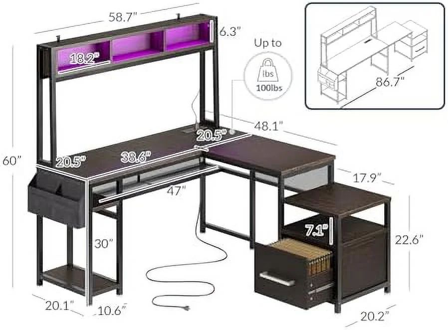 CKPFVY Computer Desk with Monitor Stand and File Cabinet  104" Long Gaming Desk with RGB LED Lights and USB AC Outlet  Reversible L-Shaped Desk for Home Office (Eclipse - Brown)