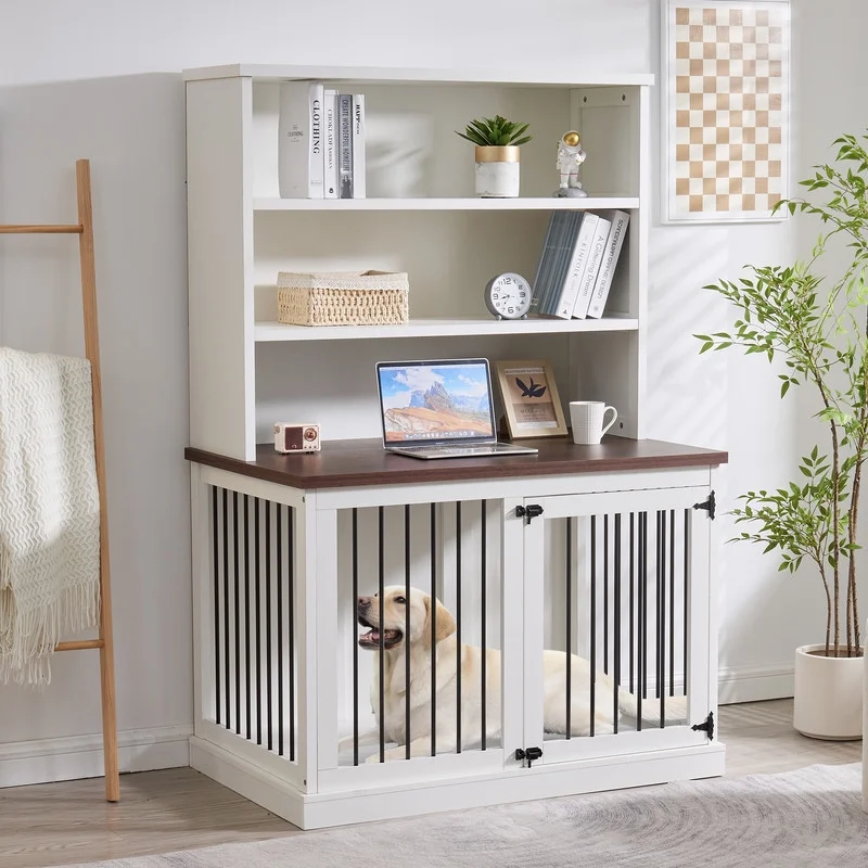 Large Dog Crate Furniture, 43.3” Indoor Dog Kennel Furniture Style House with 3-Layer Storage Shelves, Wooden Decorative Pet House End Side Table, White