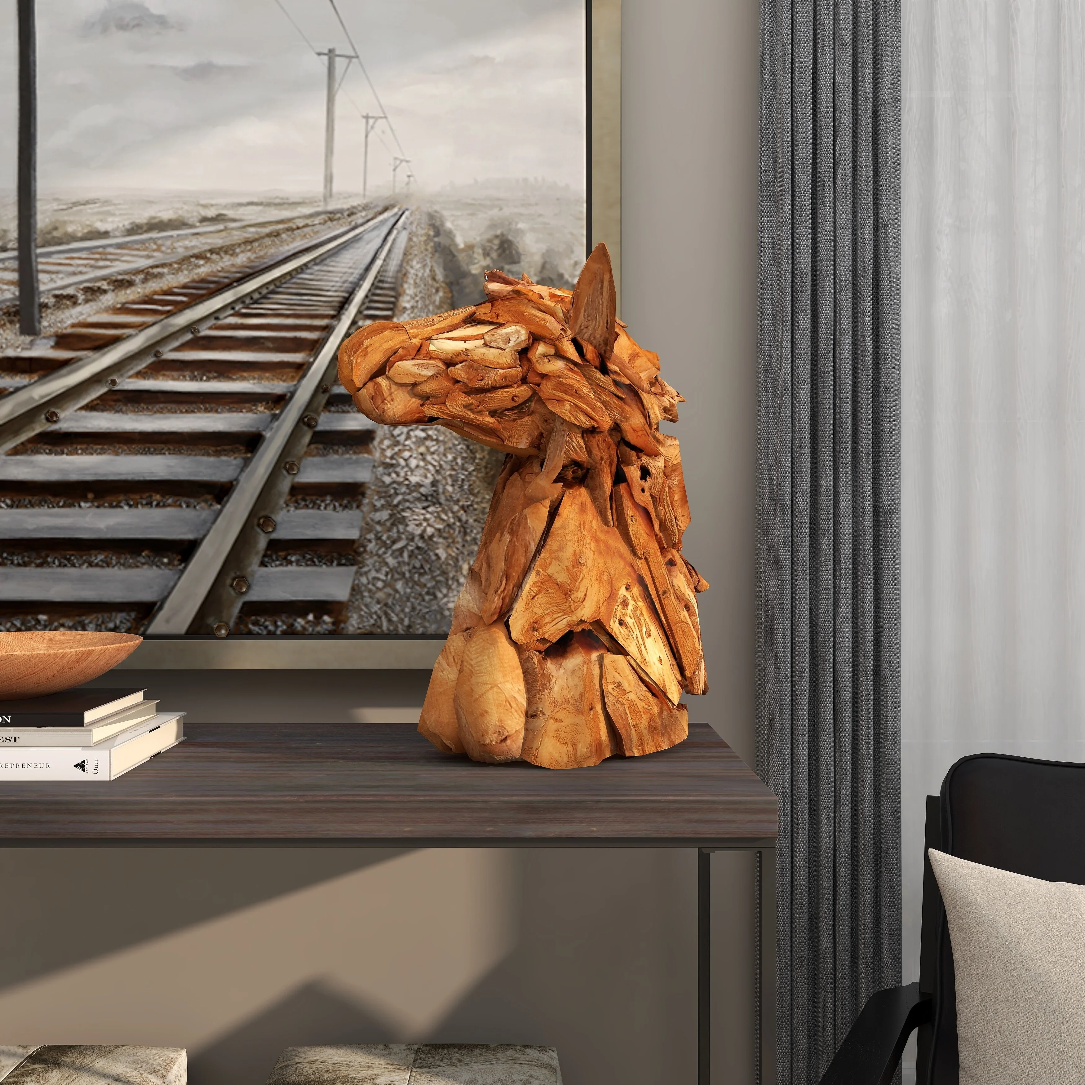 Studio 350 Brown Teak Wood Handmade Head Horse Sculpture with Layered Woodchip Pieces