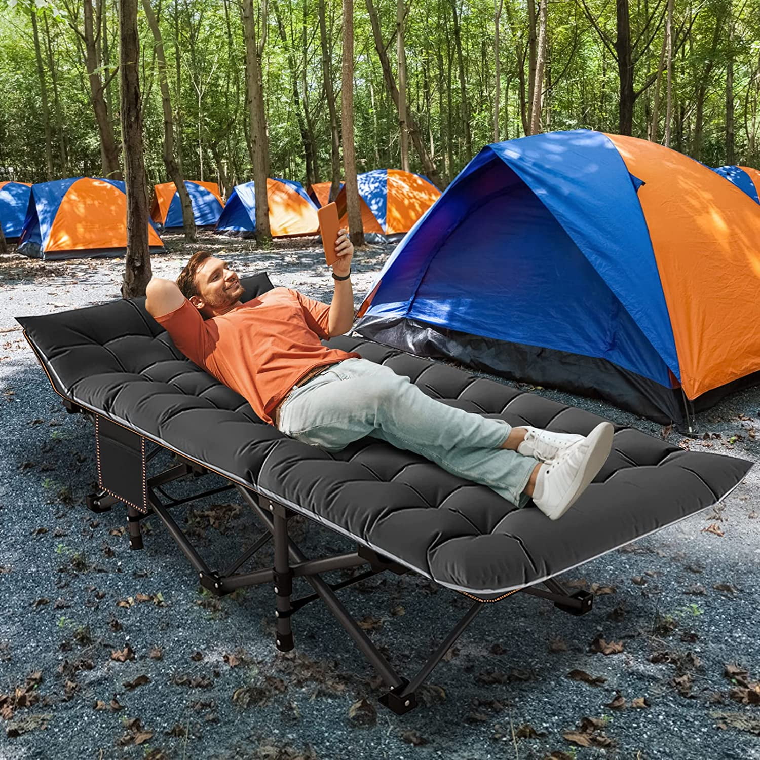 Folding Camping Cots for Adults, Double Layer 1200D 500lb Loading Cot for Sleeping, Heavy Duty Guest Bed with Mattress Carrying Bag Home Camping Office Vacation Nursing