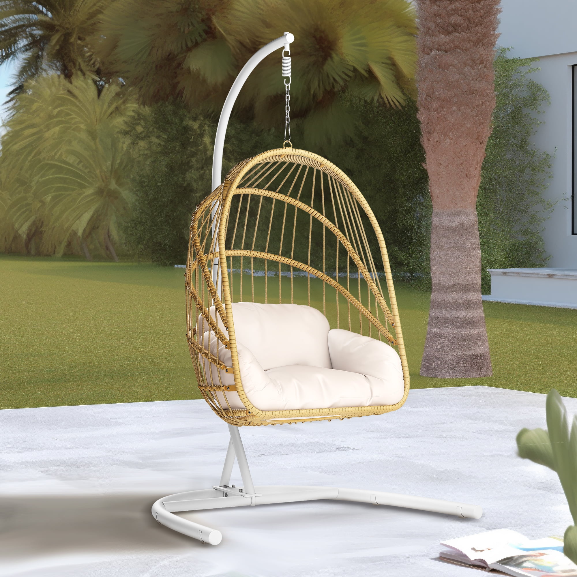 Dextrus Wicker Swing Egg Chair Hammock Hanging Chair Nest Basket with Stand, UV Resistant Removable & Washable Cushions,350LB Capacity - Beige