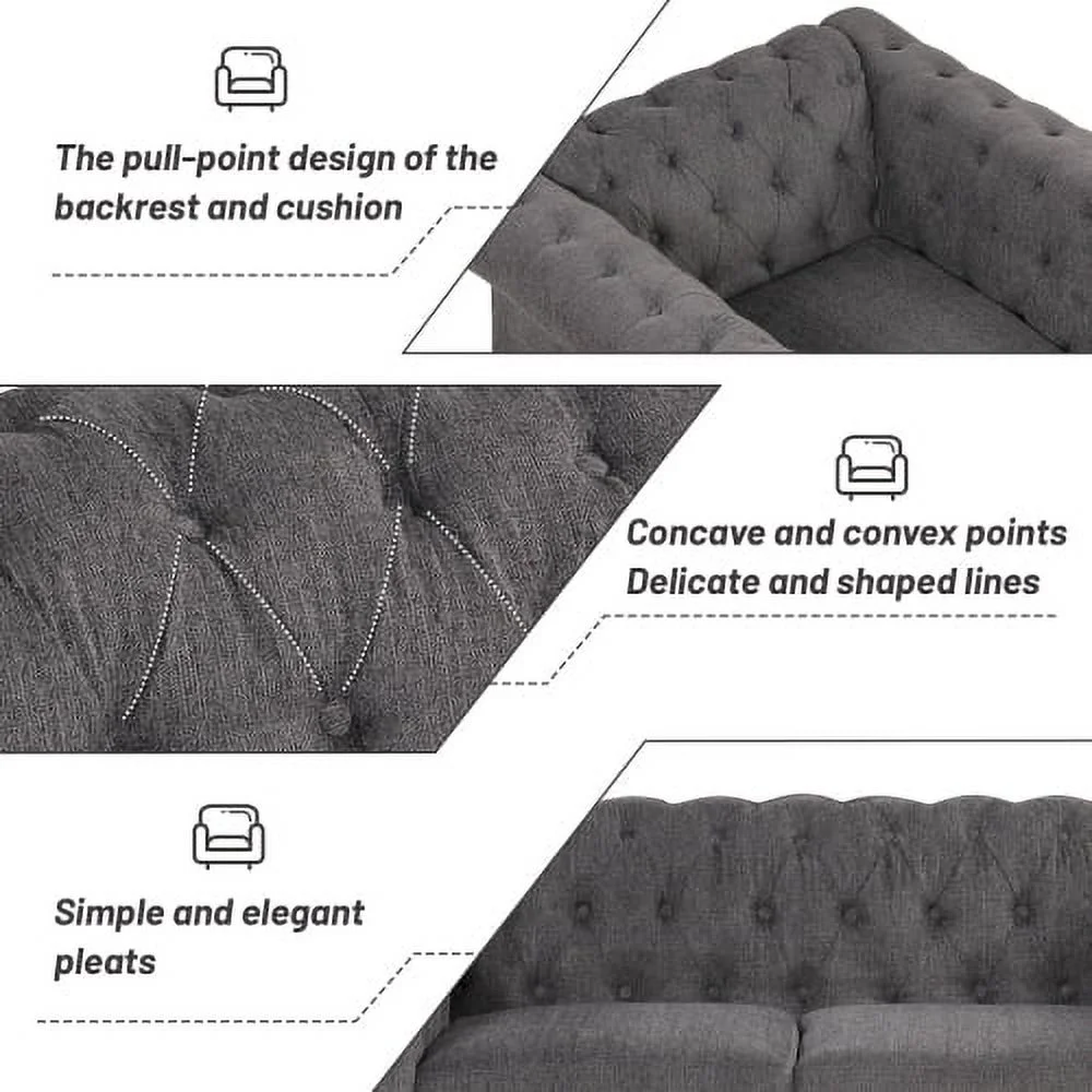 JHOOTUUO 39” modern sofa Dutch plush upholstered sofa  solid wood legs  buttoned tufted backrest  gray