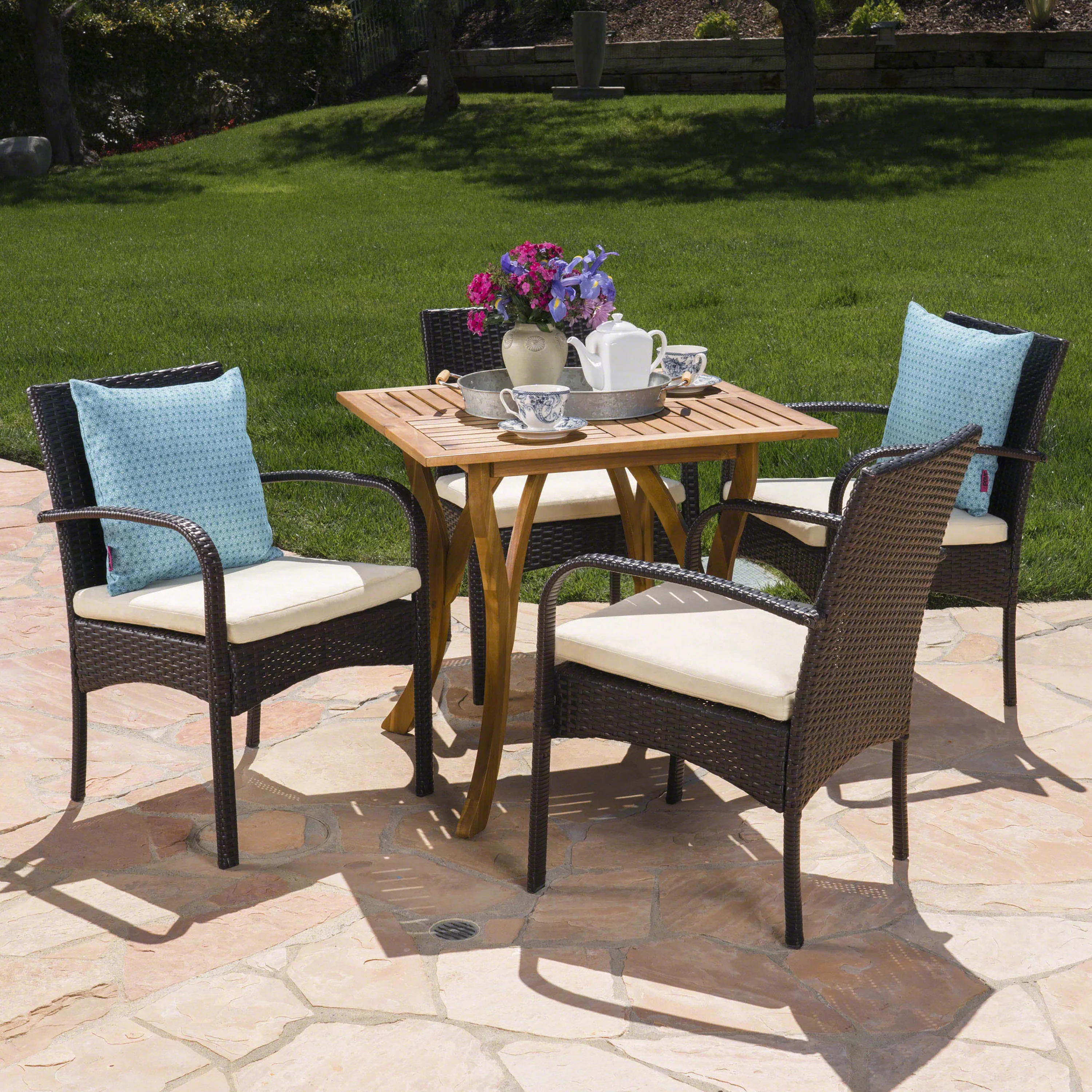 GDF Studio Laurent Outdoor Acacia Wood and Wicker 5 Piece Dining Set with Cushions, Multibrown, Teak, and Beige