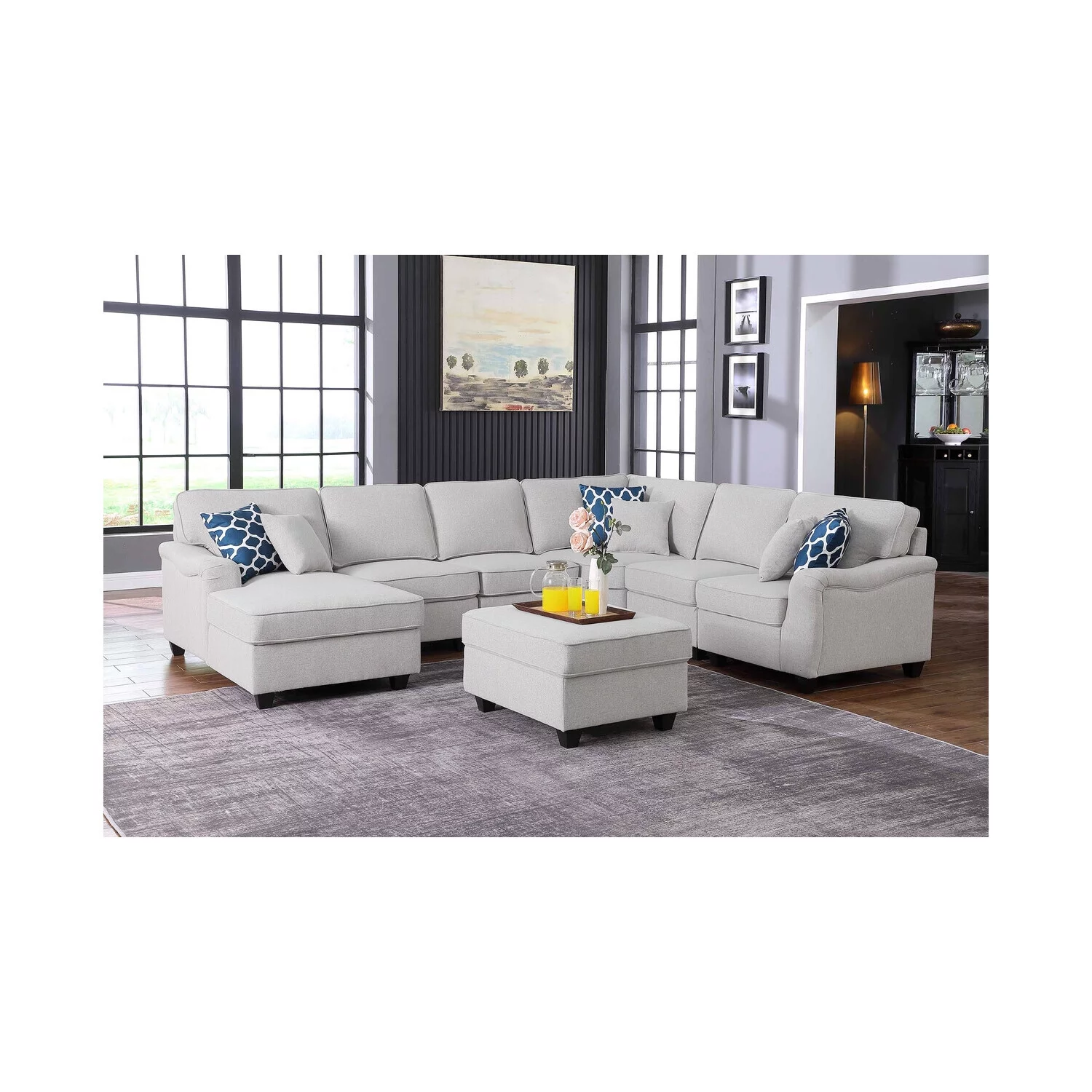 Maykoosh Suburban Soiree Light Gray Linen 7Pc Modular L-Shape Sectional Sofa Chaise and Ottoman
