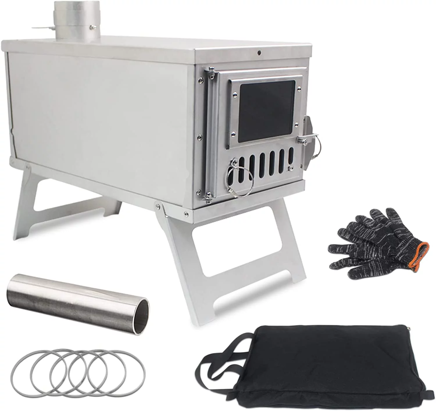 Camping Wood Stove,Hot Tents folding furnace bbq Wood Stove Stainless Steel With Folding Pipe Portable Wood Stove For Camping chimney Pipes for Tents Shelter Heating Outdoor Cooking