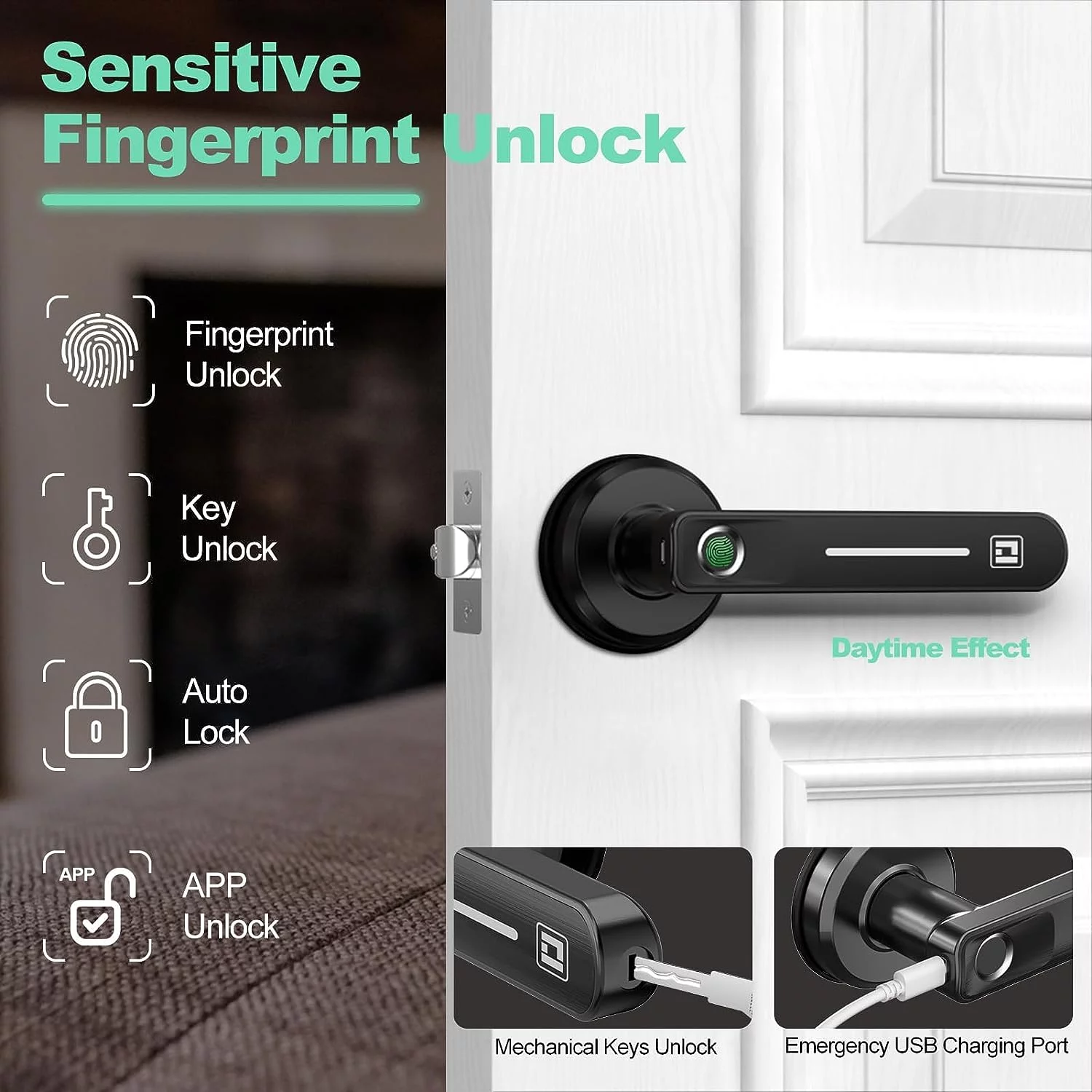 GeekTale Fingerprint Door Lock, Biometric Door Knob Fingerprint Door Knob Keyless Entry Door Locks with Handle Door Lever for Homes, Apartments, Office, AirBnB, Hotels, Black