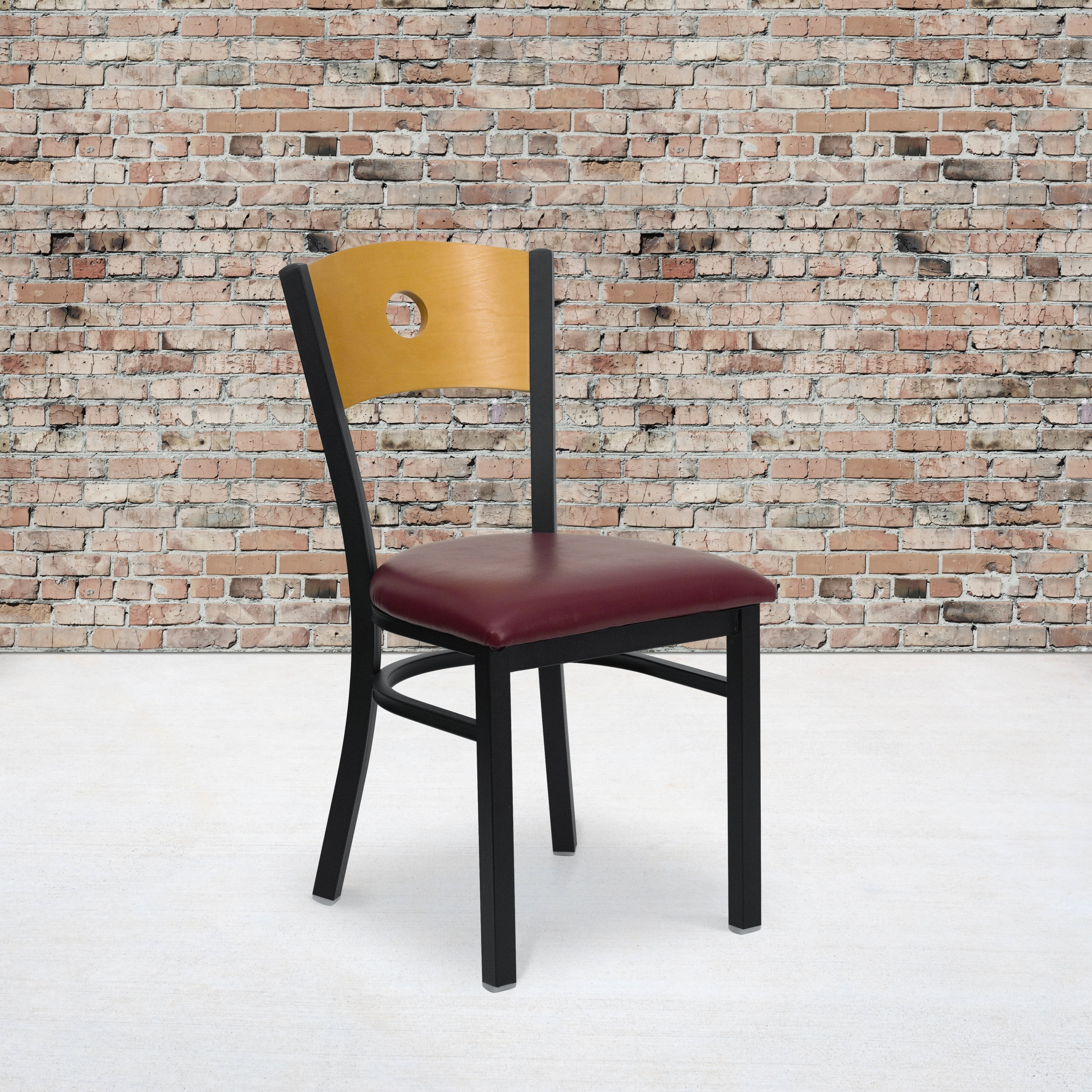 BizChair Black Circle Back Metal Restaurant Chair - Natural Wood Back, Burgundy Vinyl Seat