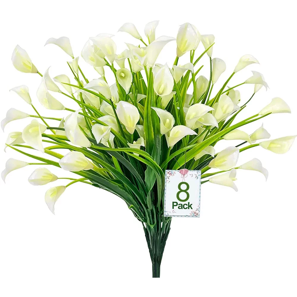 Morttic 8 Bundles Artificial Flower Calla Lily Outdoor Decoration,Faux Plastic Plants Summer Flowers UV Resistant Greenery for Outside Home Hanging Planter Porch Window Box Decor White