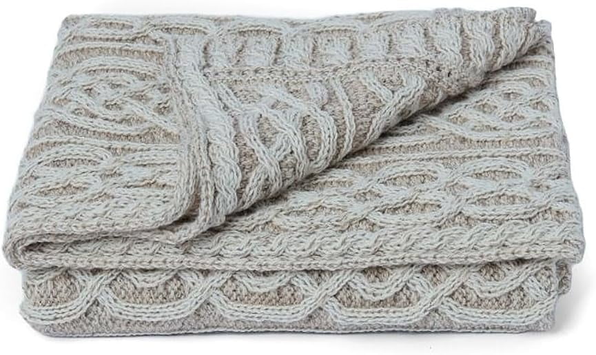 Carraig Donn Irish Cable Knit Blanket Celtic Aran Throw - 100% Merino Wool Made In Ireland - 40