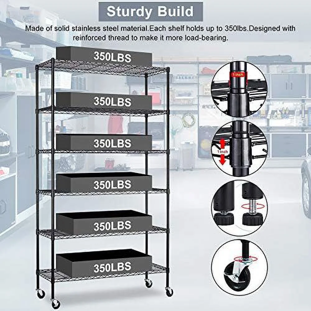 TQNJYGX Shelves 6 Tier Wire Shelving Unit with Wheels Heavy Duty Metal  Garage Rack Adjustable Steel Wire  Utility  Rack with Casters  NSF-Certified (48 x 18 x 82 inches  Black)
