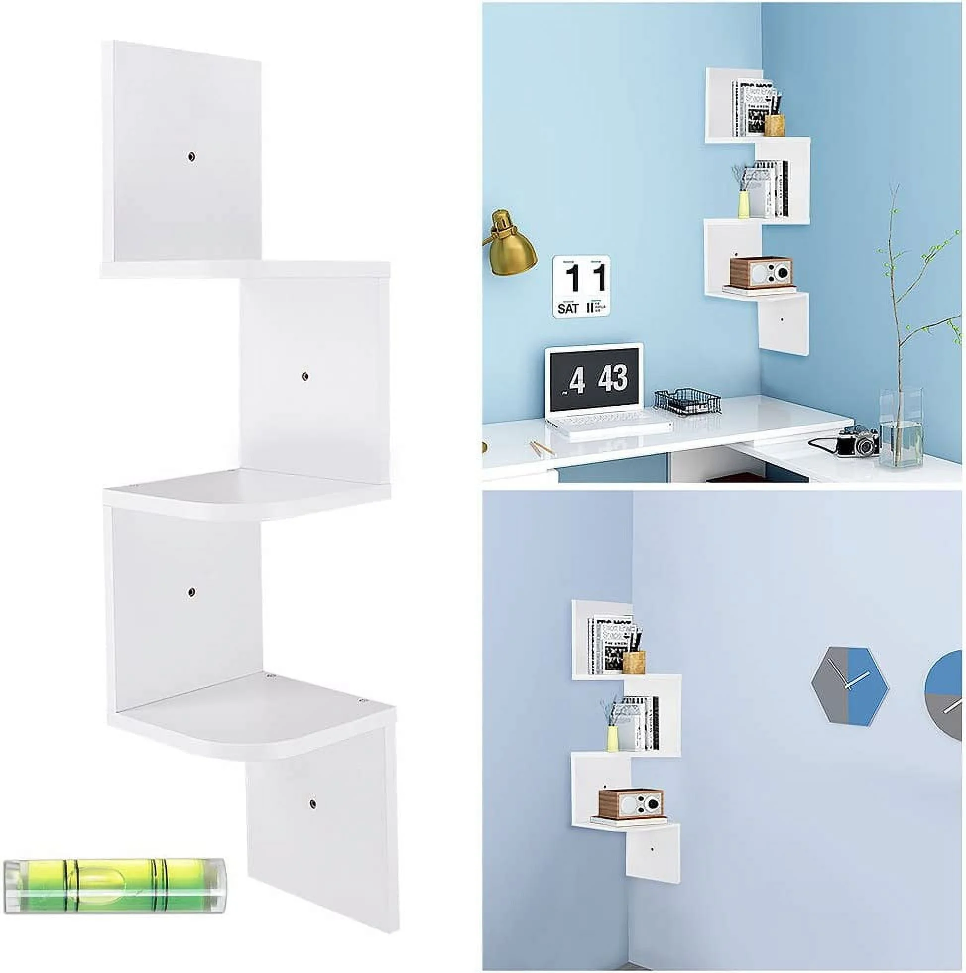 3 Tiers Floating Wall Mount Corner Shelf Wooden Display Shelves Storage Organizer With Gradienter White