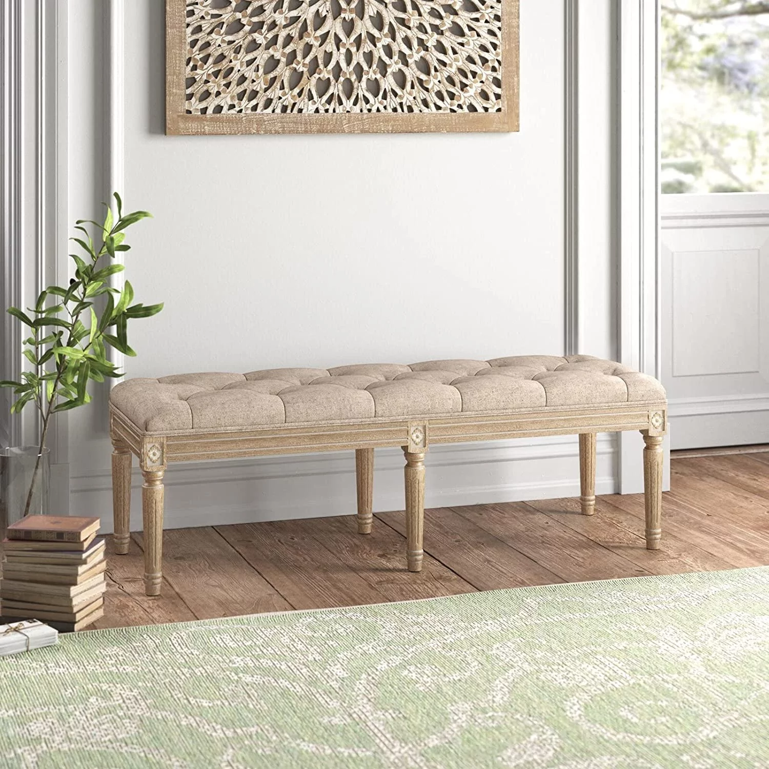 French Vintage Bench, Multifunctional Upholstered Entryway Shoe & Dining Bench, Padded Seat & Wood Legs, Lilen-like Fabric with Button Design, Indoor&nbsp;Furniture (Cream, 48x16x16 inches)