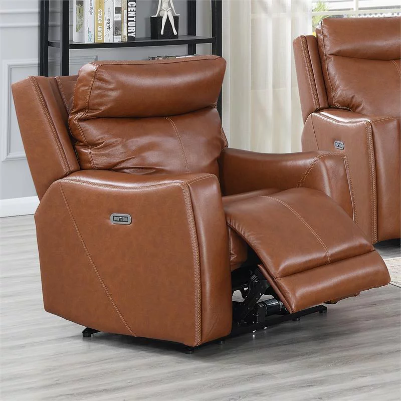 Bowery Hill Contemporary Leather Power Recliner in Caramel Finish