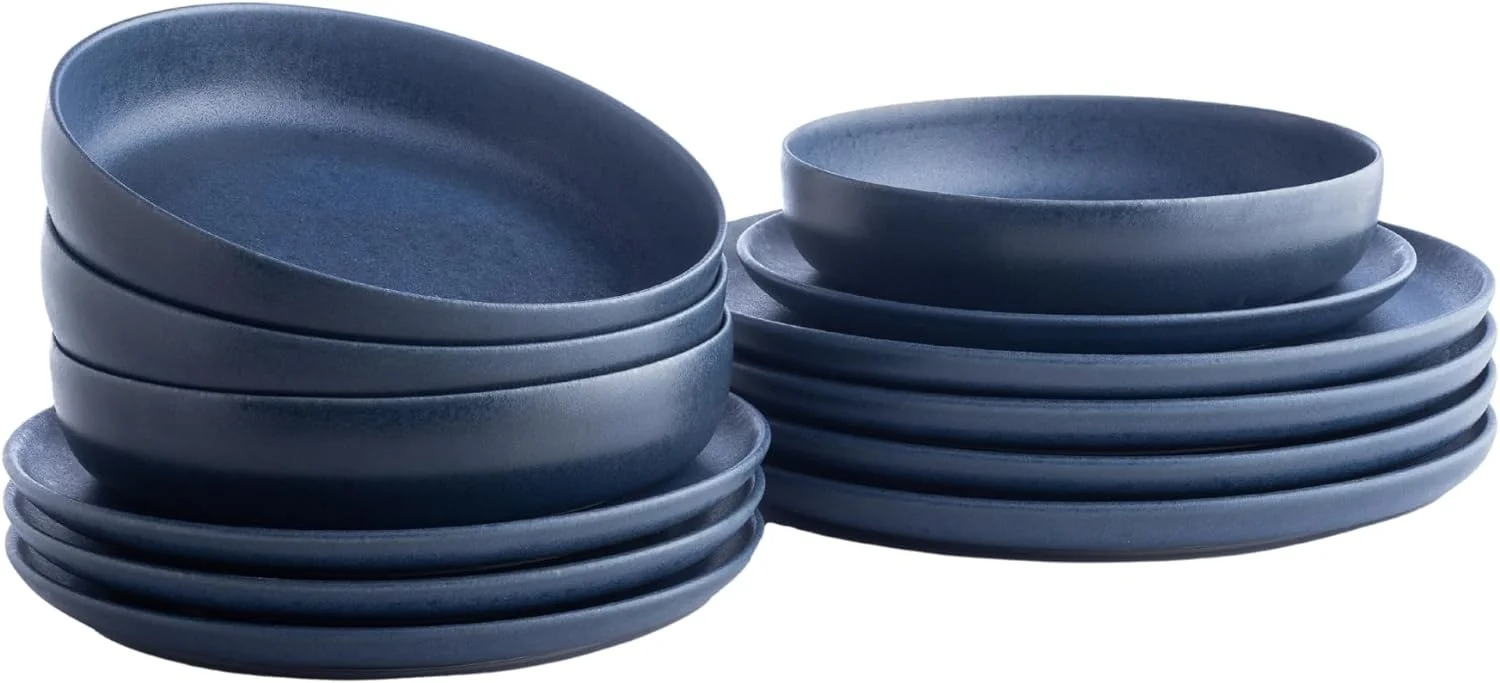 Porto by MINGFENG Macchio 12-Piece Dinnerware Set Stoneware, Blue Matte, Crafted in Portugal, Scratch-Resistant