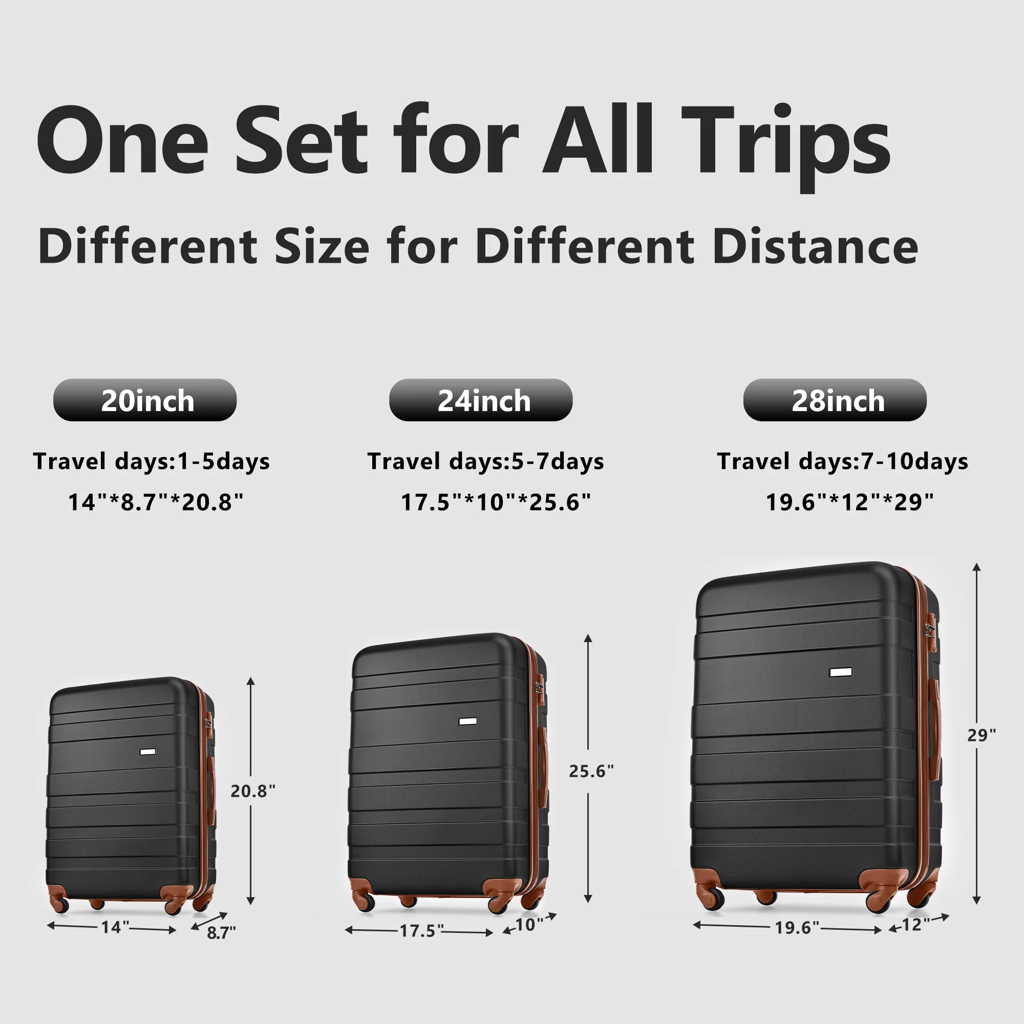 KUUFER 3 Piece Set Suitcase Spinner Hardshell Lightweight TSA Lock, Expandable Luggage Set, Black