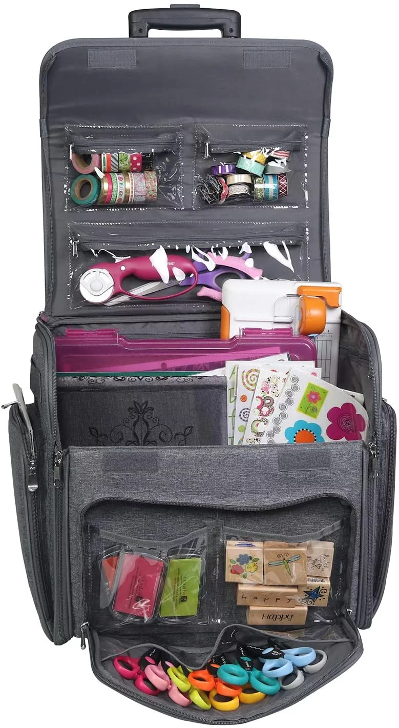 Everything Mary Deluxe Collapsible Rolling Craft Case, Heather, Scrapbook Tote Bag with Wheels for Scrapbooking & Art, Travel Organizer Storage for IRIS Boxes, For Teachers & Medical