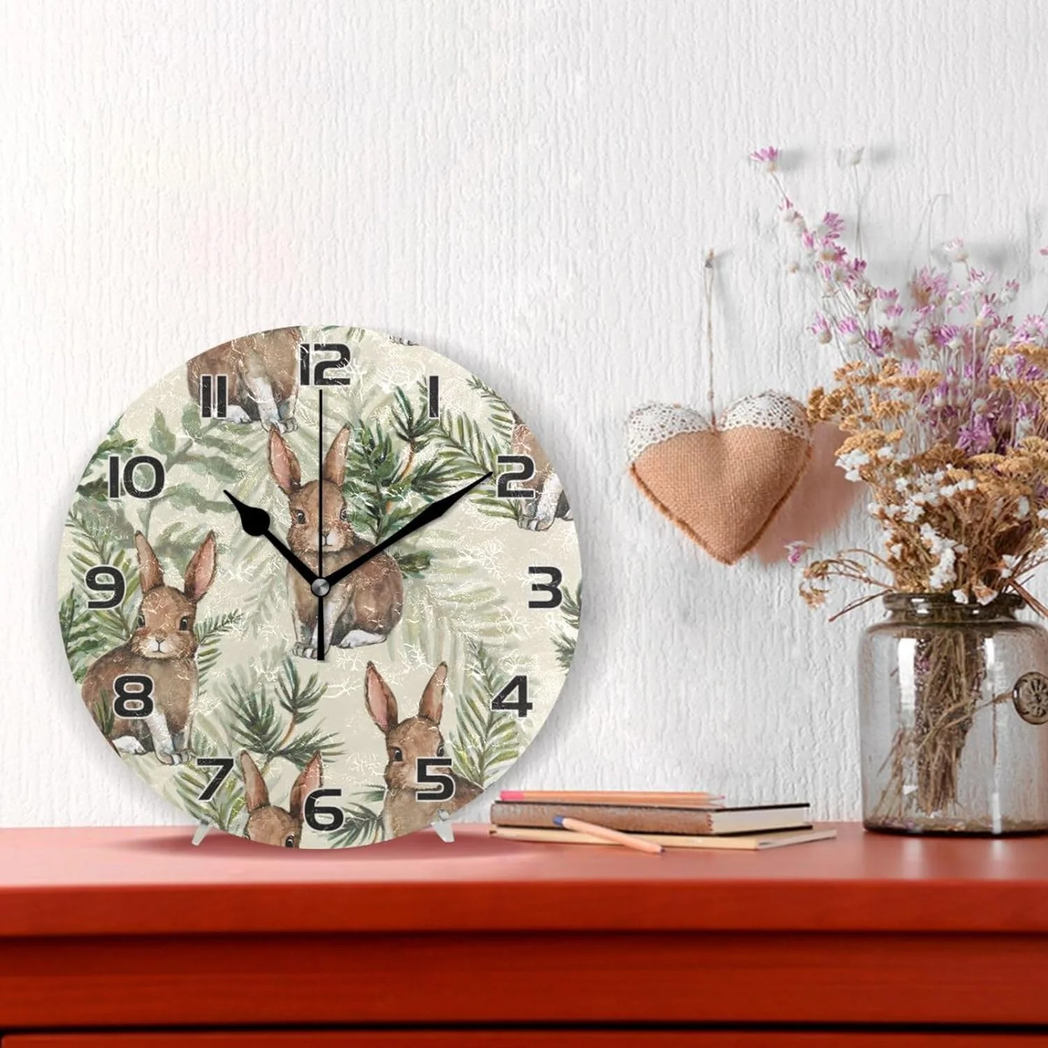Rabbit Leaves Wall Clock Round Vintage Silent Non Ticking Battery Operated Accurate Arabic Numerals Design for Home Kitchen Living Room Bedroom Inch