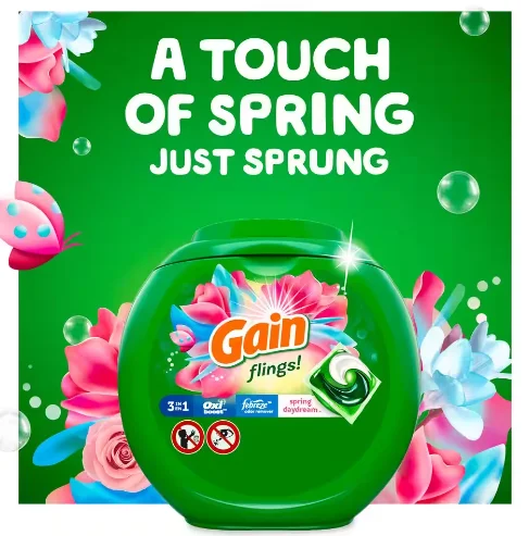 Gain flings Laundry Detergent Soap Pacs HE Compatible 76 Count Long Lasting Scent Spring Daydream Scent 76.