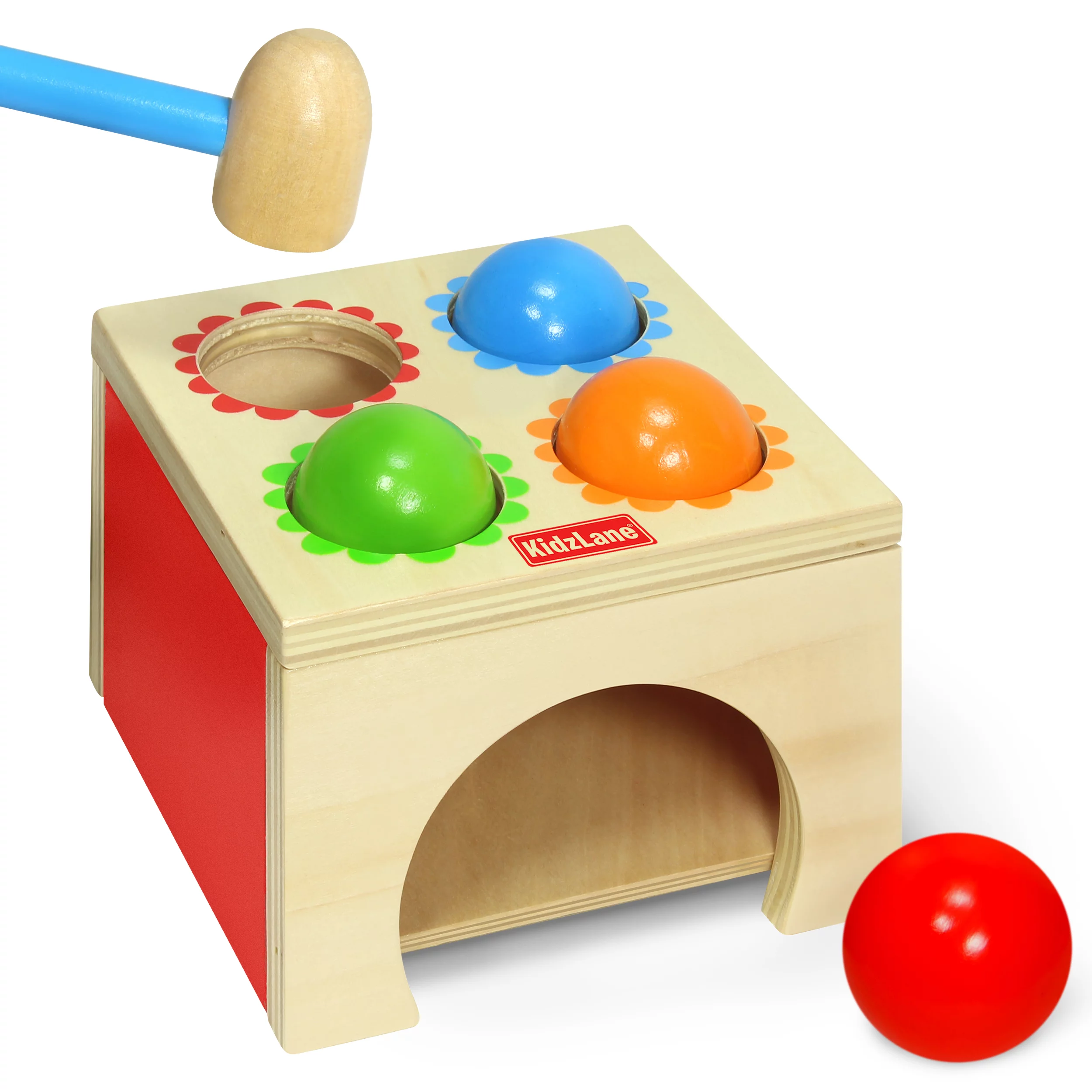 Kidzlane Toy Hammer and 4-Ball Wooden Play Set | Learn Colors, Counting, Building