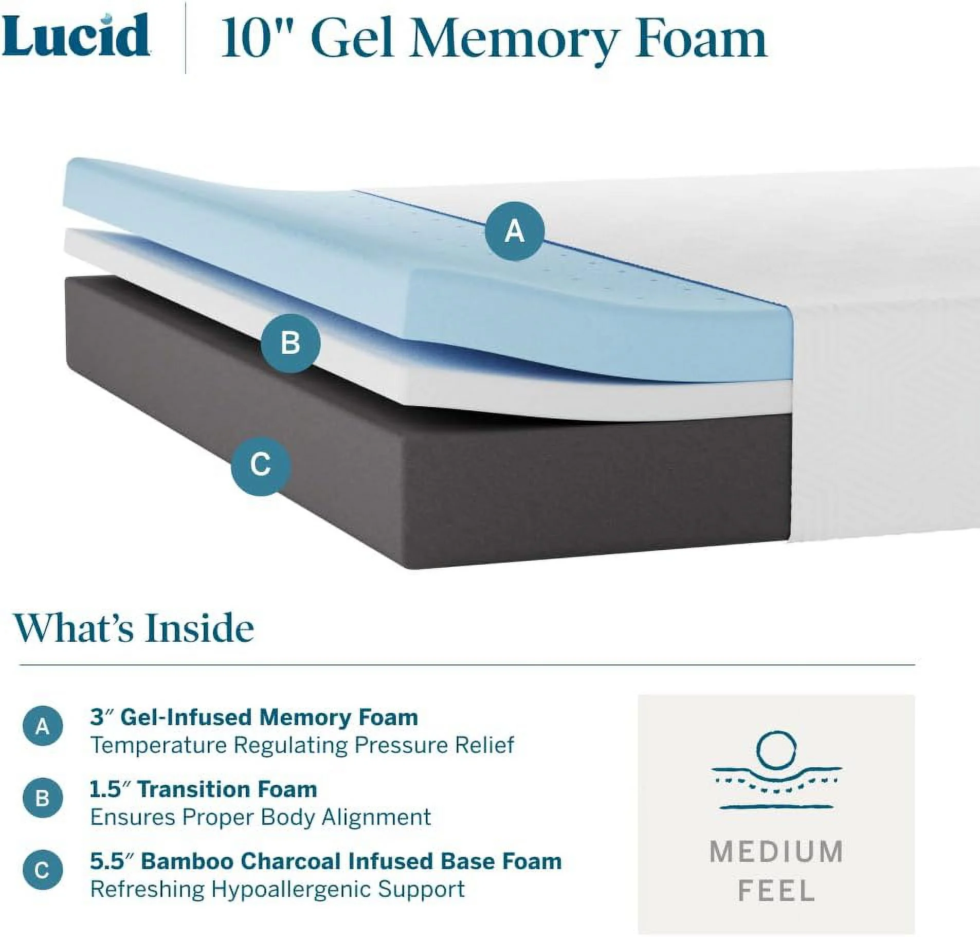 OUWI 10 Inch Memory Foam Mattress - Medium Feel - Infused with Bamboo Charcoal and Gel - Bed in a Box - Temperature Regulating - Pressure Relief - Breathable - Queen Size