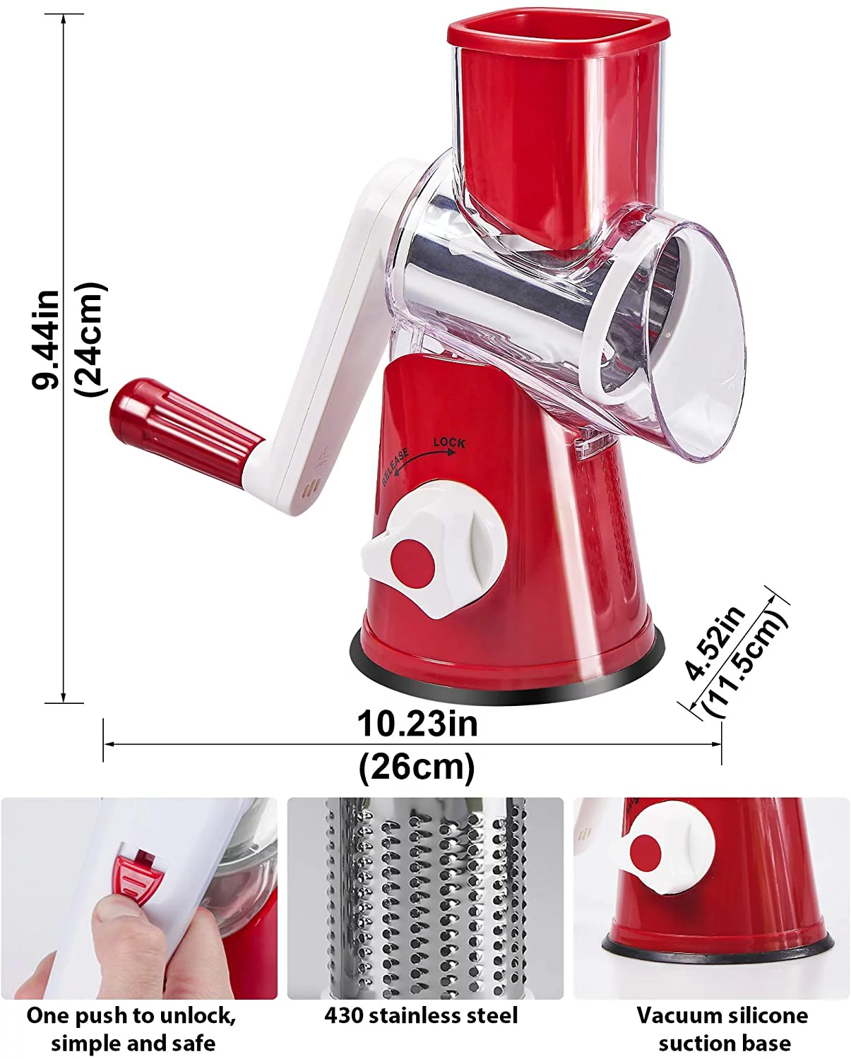 Rotary Cheese Grater with Handle - Manual Vegetable Shredder with 3 Stainless Steel Drum Blades, Round Mandoline Slicer Nuts Grinder with Strong Suction Base, BPA Free Dishwasher Safe (Red)