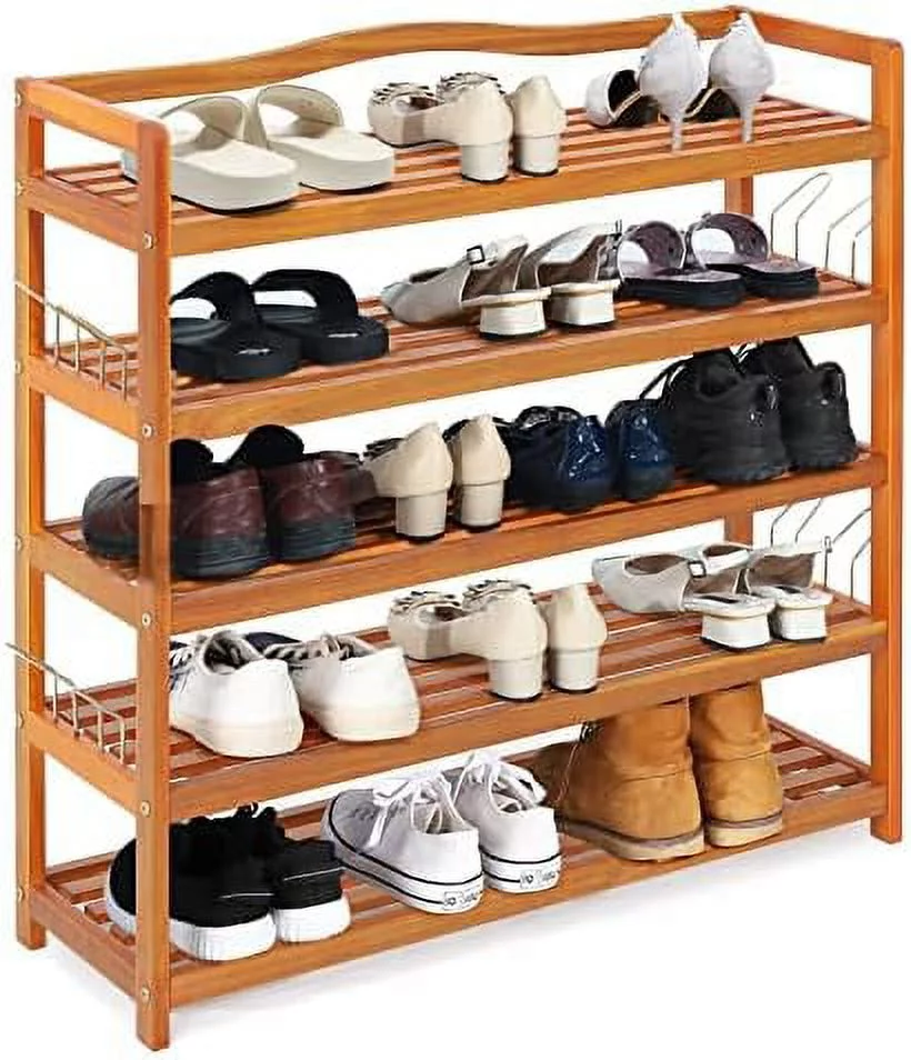 TQSBRZJ 5-Tier Shoe Rack  Acacia Wood Shoe  with Side Metal Hooks  Holds up 12-18 Pairs  Shoe Organizer  Shoe   Wooden Shoe Rack for Entryway  33\u2019\u2019Lx10.5\u2019\u2019Wx32.5\u2019