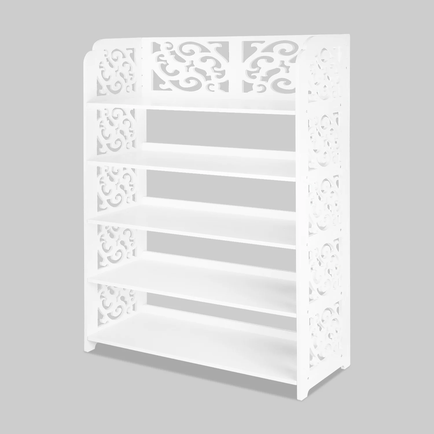Versatile 5-Tier Wood-Plastic Shoe Rack Shoes Tower 15 of pairs of shoe White Finish
