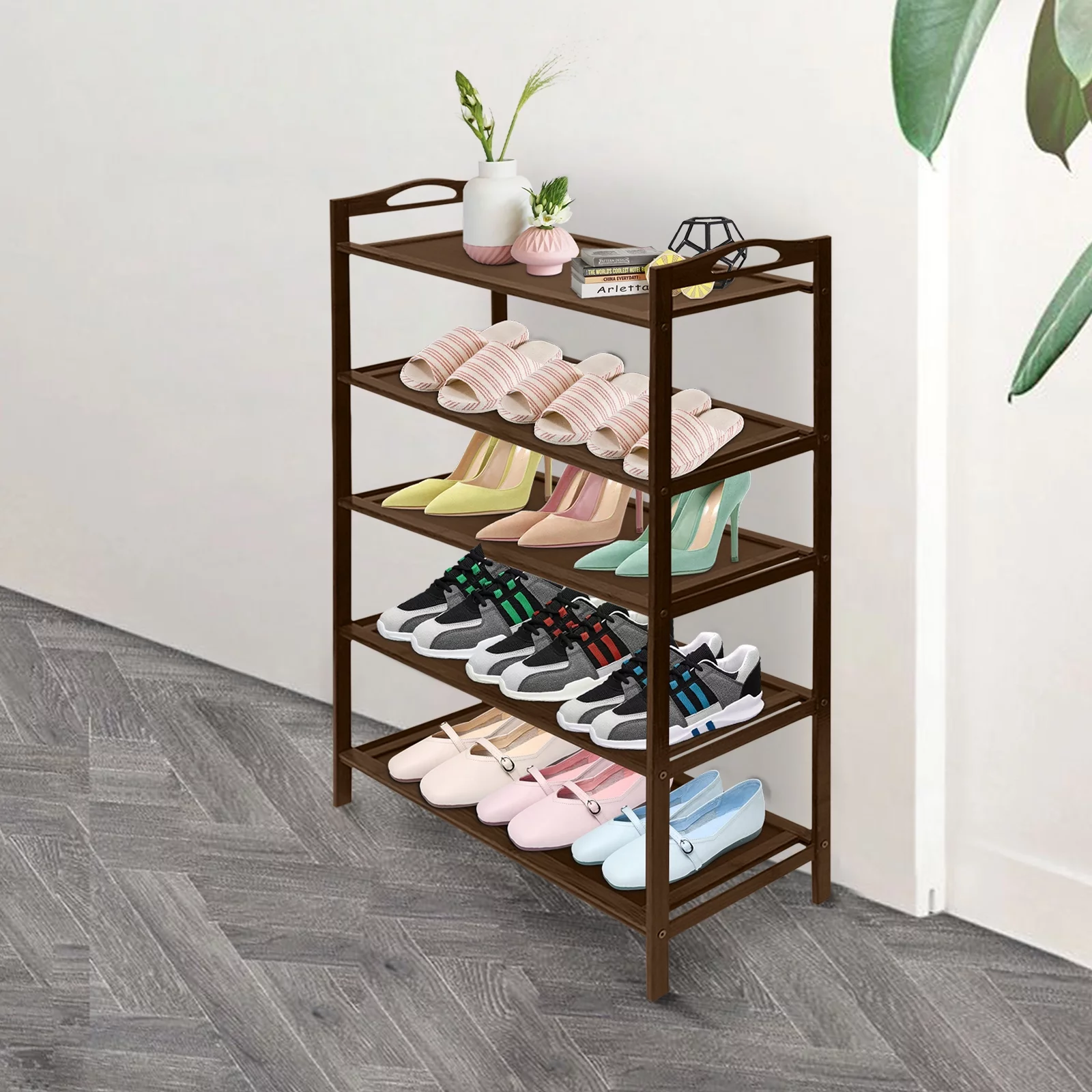 Loyalheartdy 5-Tier Bamboo Shoe Rack, Floor Dark Brown Shoe Storage Stand Organizer Entryway Shoe Shelf 27.16*9.44*34.25 In