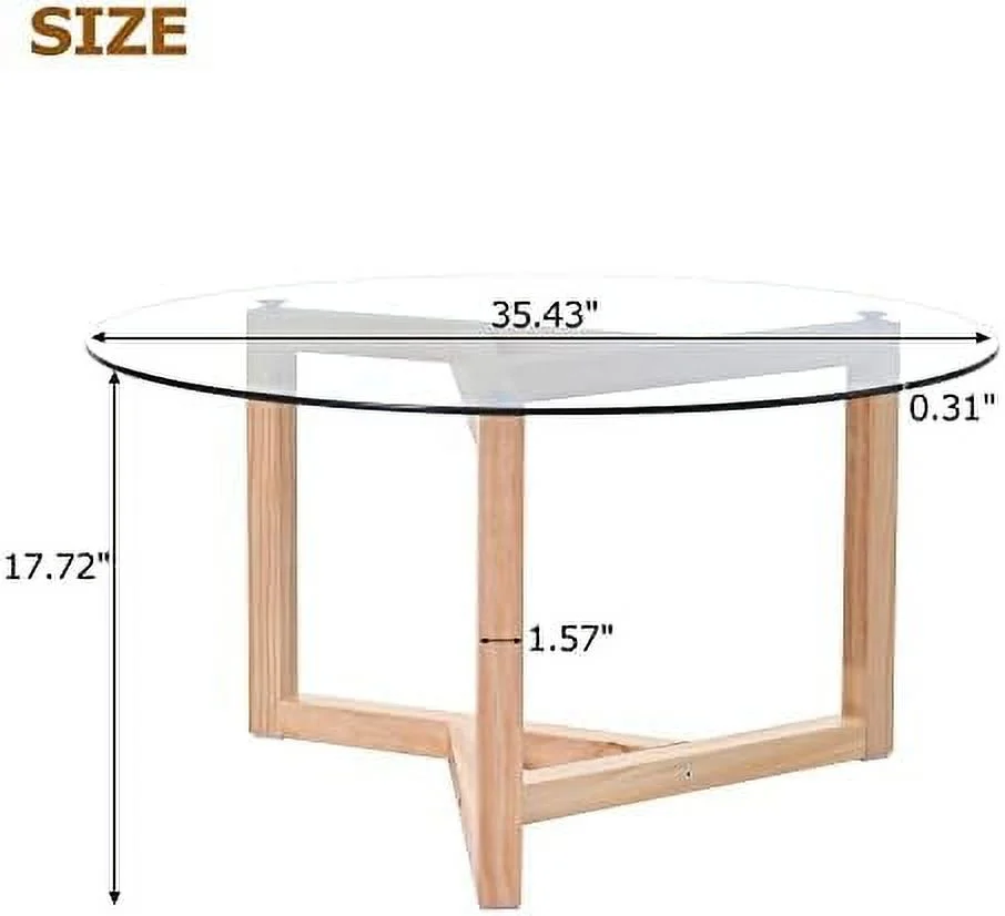 YPDCHB Round Coffee Table 35" Contemporary Cocktail Table with Tempered Glass Top and Sturdy Wood Base (Natural)
