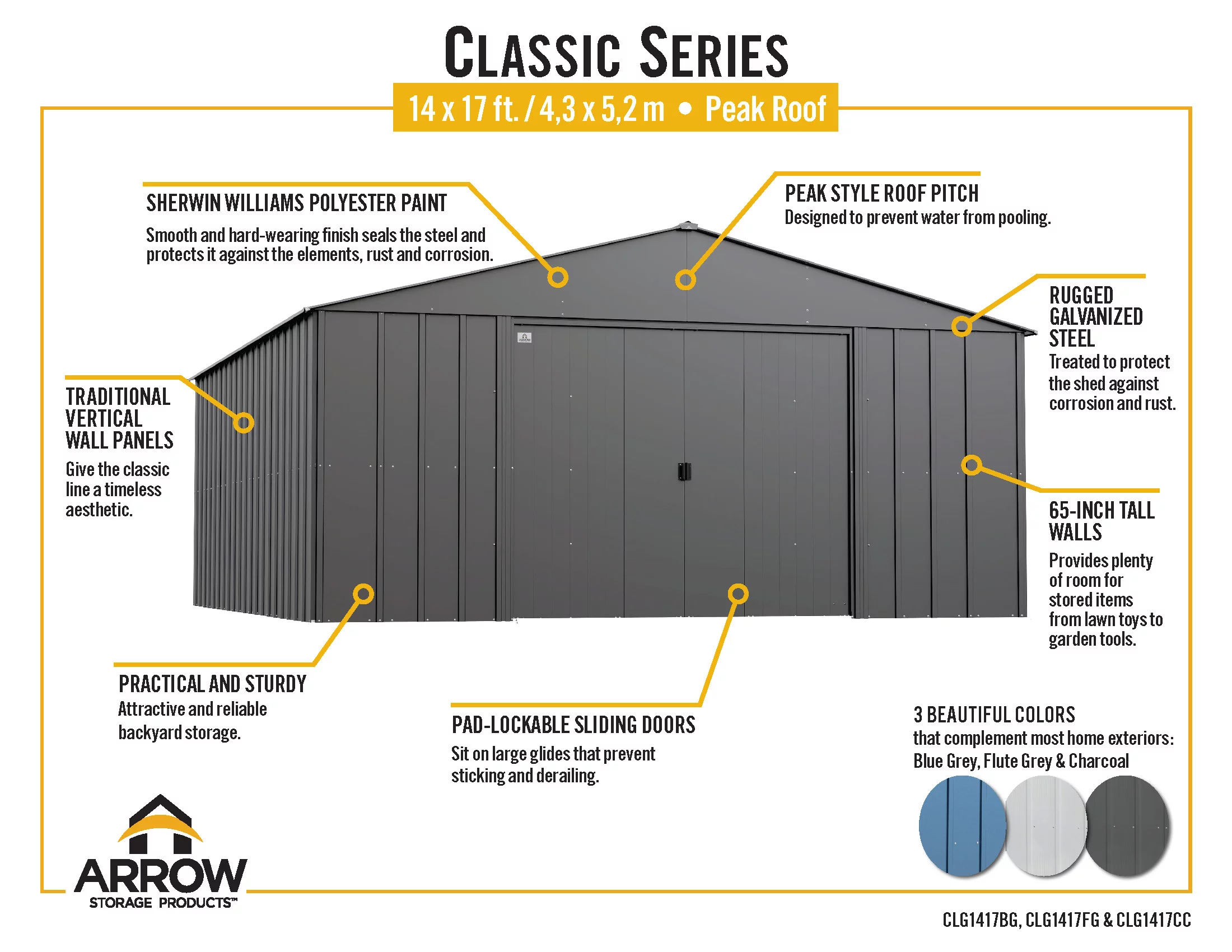 Arrow Classic Metal Shed, 14 x 17, Blue Grey