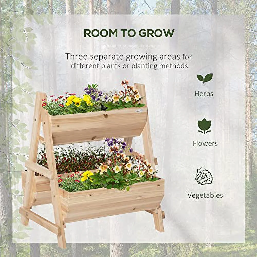 Outsunny 3 Tier Verctial Raised Garden Bed, Wooden Elevated Planter Box with Fabric Liner and Drainage Holes, for Vegetables, Herbs, Flowers, Natural