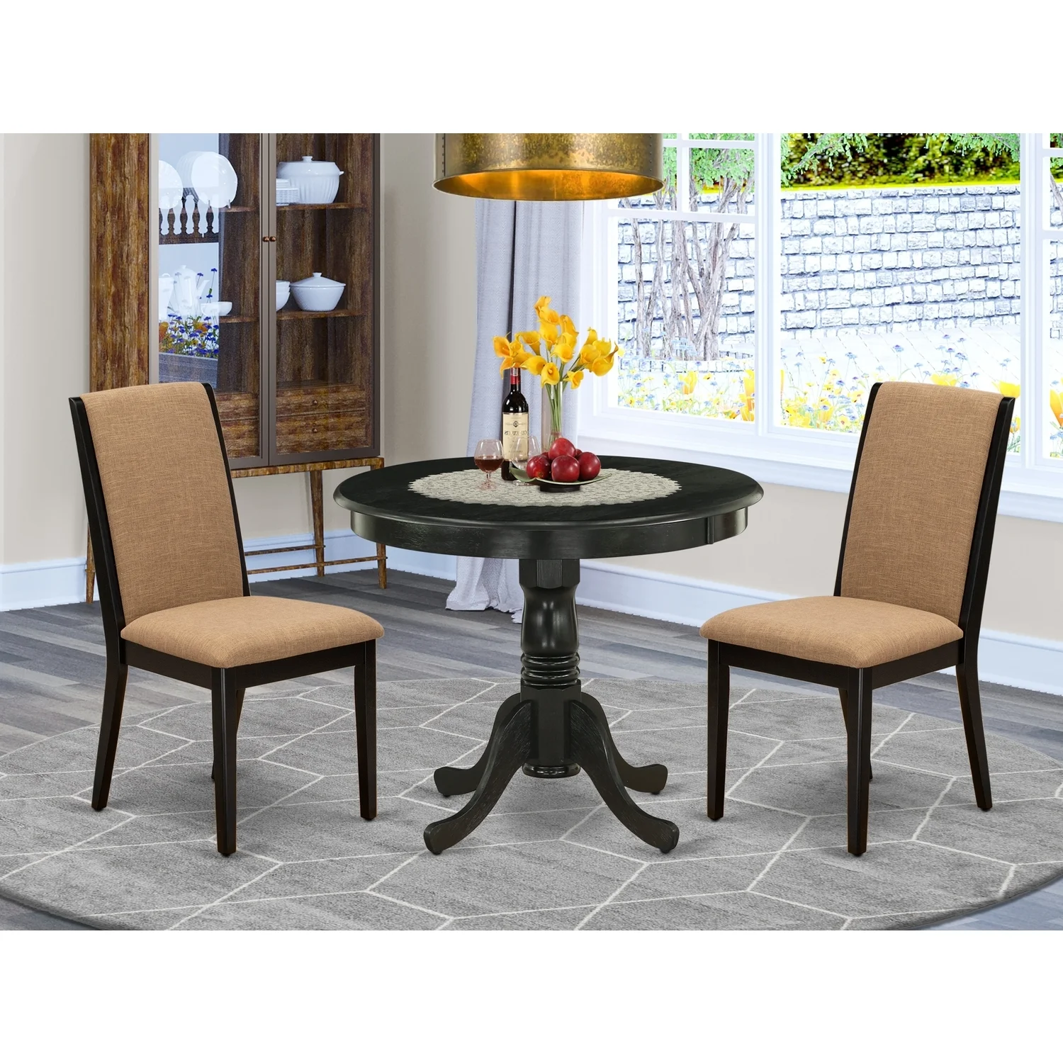 HomeStock Neo-Classical Nostalgia 3-Piece Wood Dining Table Set Included A Pedestal Dining Table & 2 Parsons Dining Room Chairs, Light Sable Linen Fabric Kitchen Chairs Seat With Rubber Wood Legs