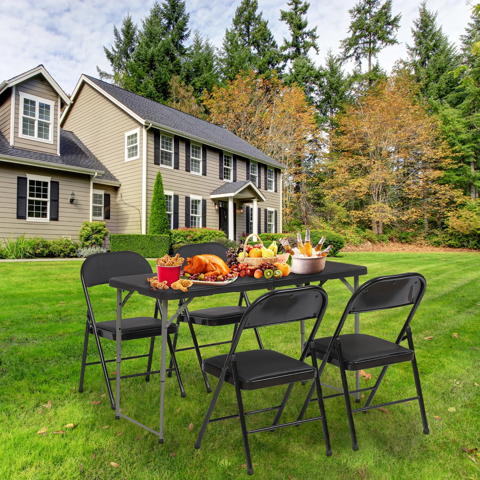 ALPULON Folding Table 4 Foot Portable Plastic Fold-in-Half Foldable Table, Black