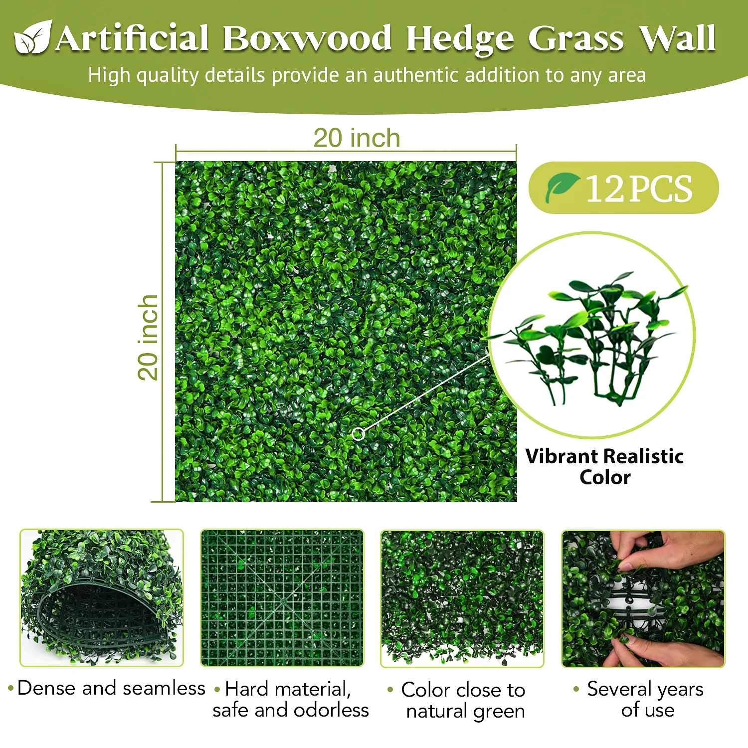 Artificial Boxwood Grass Wall 12 PCS 20”X20”Privacy Fence Panels Greenery Backdrop Wall